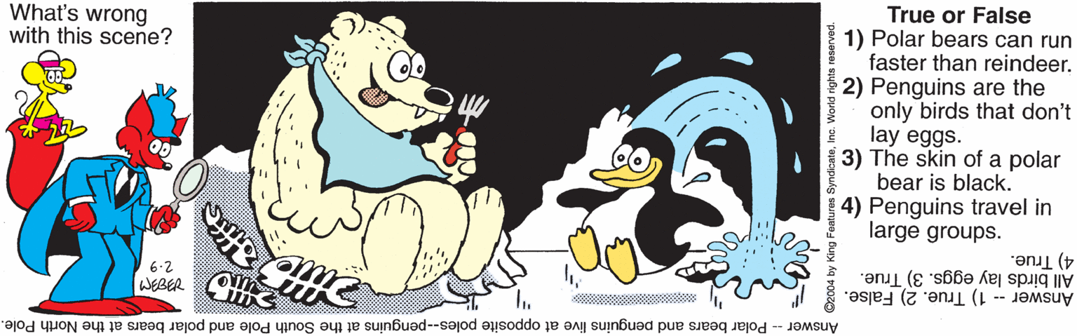 Art OCR: What's wrong with this scene? True or False 1) Polar bears can run faster than reindeer. 2) Penguins are the only birds that don't lay eggs. 3) The skin of a polar bear is black. 4) Penguins travel in large groups. 4) True. All birds lay eggs. 3) True. Answer -- 1) True. 2) False. 6.2 WEBER Answer -- Polar bears and penguins live at opposite poles--penguins at the South Pole and polar bears at the North Pole. O2004 by King Features SyndicateIn What's wrong with this scene? True or False 1) Polar bears can run faster than reindeer. 2) Penguins are the only birds that don't lay eggs. 3) The skin of a polar bear is black. 4) Penguins travel in large groups. 4) True. All birds lay eggs. 3) True. Answer -- 1) True. 2) False. 6.2 WEBER Answer -- Polar bears and penguins live at opposite poles--penguins at the South Pole and polar bears at the North Pole. O2004 by King Features Syndicate
