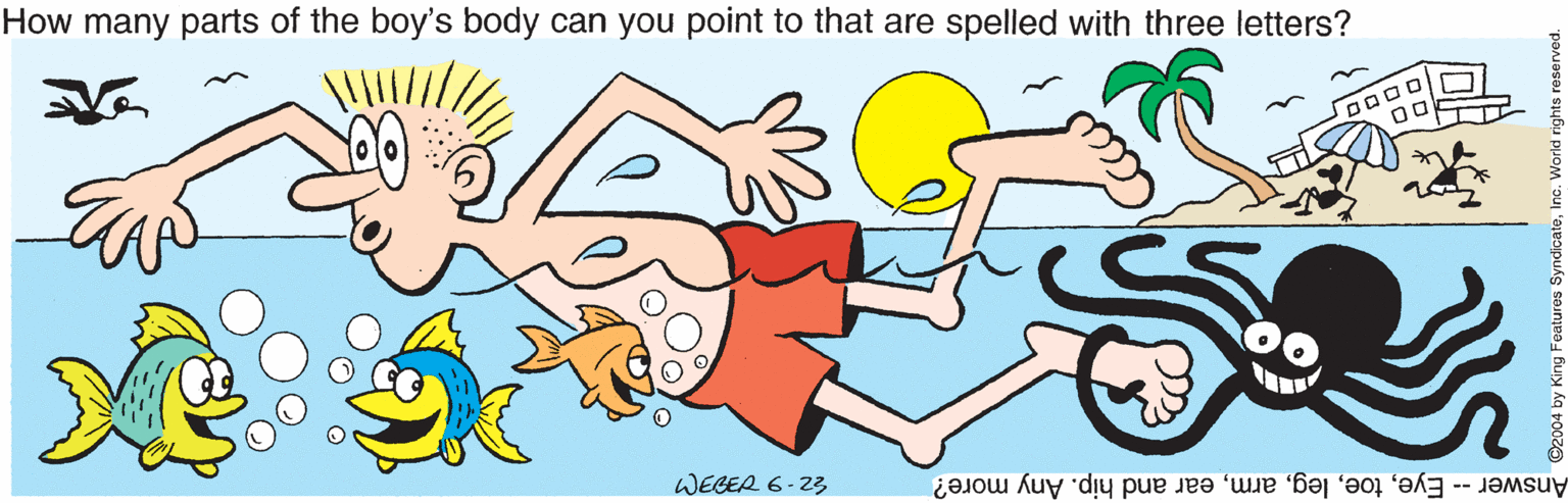 World OCR: How many parts of the boy's body can you point to that are spelled with three letters? WEBER 6-23 Answer -- Eyeear and hip. Any more? How many parts of the boy's body can you point to that are spelled with three letters? WEBER 6-23 Answer -- Eyeear and hip. Any more?