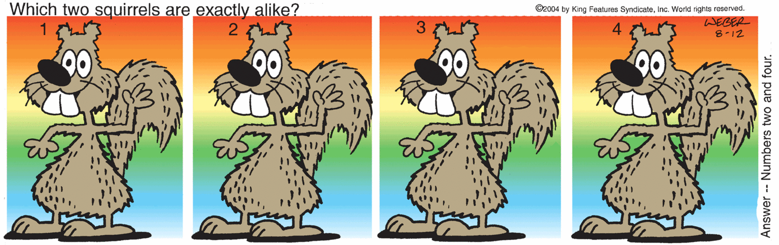 People in nature OCR: Which two squirrels are exactly alike? ©2004 by King Features SyndicateInc. World rights reserved. WEBER 2 4. 8-12 Answer Numbers two and four. Which two squirrels are exactly alike? ©2004 by King Features SyndicateInc. World rights reserved. WEBER 2 4. 8-12 Answer Numbers two and four.