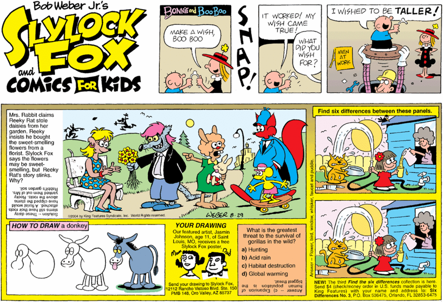 Art OCR: Bob Weber Jr's BONNIFond BooBoo I WISHED TO BE TALLER ! IT WORKED! MY WISH CAME TRUE. MAKE A WISHBOO BO0 FOX COMICS FOR KDS WHAT DIP YOU WISH FOR? MEN AT WORK Find six diferences between these panels. Mrs. Rabbit claims Reeky Rat stole daisies from her garden. Reeky insists he bought the sweet-smelling flowers from a florist. Slylock Fox says the flowers may be swt- smellingbut Reeky Rat's story stinks. Why? pos uapueb sqqe yanked them out of Mrs. above the roots. Reeky have clipped the stems attached. A florist would stems still have their rools 2004 by King Features SyndicabeInc. World Righta reserved. Solution -- These daisy HOW TO DRAW a donkey WEGER 8- 29 YOUR DRAWING Our featured artistJasmin Johnsonof Saint Louisreceives a free Siylock Fox poster. Mom What is the greatest threat to the survival of gorillas in the wild? a) Hunting b) Acid rain c) Habitat destruction d) Global warming Send your drawing to Slylock Fox12112 Rancho Vistoso Blvd. Ste. 150 PMB 148AZ 85737 biggest threat. NEW! The third Find the six differences collection is here. Send $4 (check/money order in U.S. funds made payable to Answer -- c) Expansion of King Features) with your name and address to: Six Differences No. 3FL 32853-6475 human population is the - FlowerBob Weber Jr's BONNIFond BooBoo I WISHED TO BE TALLER ! IT WORKED! MY WISH CAME TRUE. MAKE A WISHBOO BO0 FOX COMICS FOR KDS WHAT DIP YOU WISH FOR? MEN AT WORK Find six diferences between these panels. Mrs. Rabbit claims Reeky Rat stole daisies from her garden. Reeky insists he bought the sweet-smelling flowers from a florist. Slylock Fox says the flowers may be swt- smellingbut Reeky Rat's story stinks. Why? pos uapueb sqqe yanked them out of Mrs. above the roots. Reeky have clipped the stems attached. A florist would stems still have their rools 2004 by King Features SyndicabeInc. World Righta reserved. Solution -- These daisy HOW TO DRAW a donkey WEGER 8- 29 YOUR DRAWING Our featured artistJasmin Johnsonage 11of Saint Louisreceives a free Siylock Fox poster. Mom What is the greatest threat to the survival of gorillas in the wild? a) Hunting b) Acid rain c) Habitat destruction d) Global warming Send your drawing to Slylock Fox12112 Rancho Vistoso Blvd. Ste. 150 PMB 148Oro ValleyAZ 85737 biggest threat. NEW! The third Find the six differences collection is here. Send $4 (check/money order in U.S. funds made payable to Answer -- c) Expansion of King Features) with your name and address to: Six Differences No. 3P.O. Box 536475FL 32853-6475 human population is the - Flower