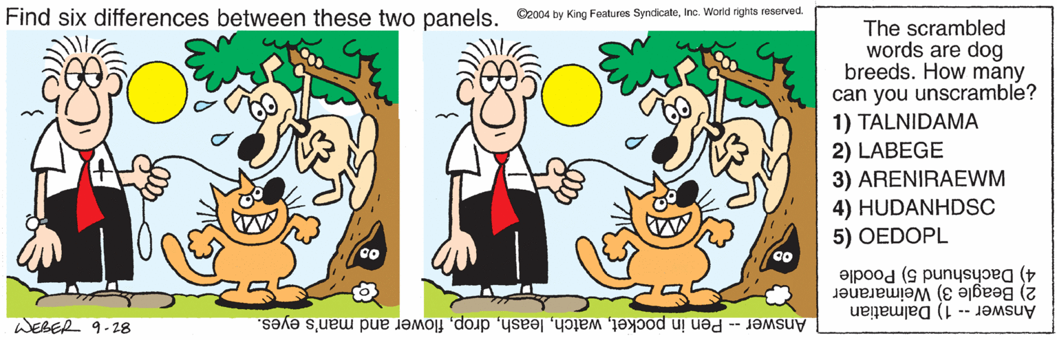 Organism OCR: Find six differences between these two panels. ©2004 by King Features SyndicateInc. World rights rosorved. The scrambled words are dog breeds. How many can you unscramble? 1) TALNIDAMA 2) LABEGE 3) ARENIRAEWM 4) HUDANHDSC 5) OEDOPL 4) Dachshund 5) Poodle 2) Beagle 3) Weimaraner Answer -- 1) Dalmatian WEBER 9-28 Answer -- Pen in pocketflower and man's eyes. Find six differences between these two panels. ©2004 by King Features SyndicateInc. World rights rosorved. The scrambled words are dog breeds. How many can you unscramble? 1) TALNIDAMA 2) LABEGE 3) ARENIRAEWM 4) HUDANHDSC 5) OEDOPL 4) Dachshund 5) Poodle 2) Beagle 3) Weimaraner Answer -- 1) Dalmatian WEBER 9-28 Answer -- Pen in pocketflower and man's eyes.