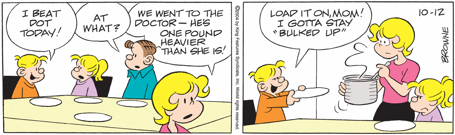 Font OCR: LOAD IT ONMOM! I GOTTA STAY "BULKED UP" 10-12 I BEAT DOT TODAY! WE WENT TO THE DOCTOR - HE'S ONE POUND HEAVIER THAN SHE IS! AT WHAT? BROWNE ©2004 by King Features SyndicateInc. World rights reserved. LOAD IT ONMOM! I GOTTA STAY "BULKED UP" 10-12 I BEAT DOT TODAY! WE WENT TO THE DOCTOR - HE'S ONE POUND HEAVIER THAN SHE IS! AT WHAT? BROWNE ©2004 by King Features SyndicateInc. World rights reserved.