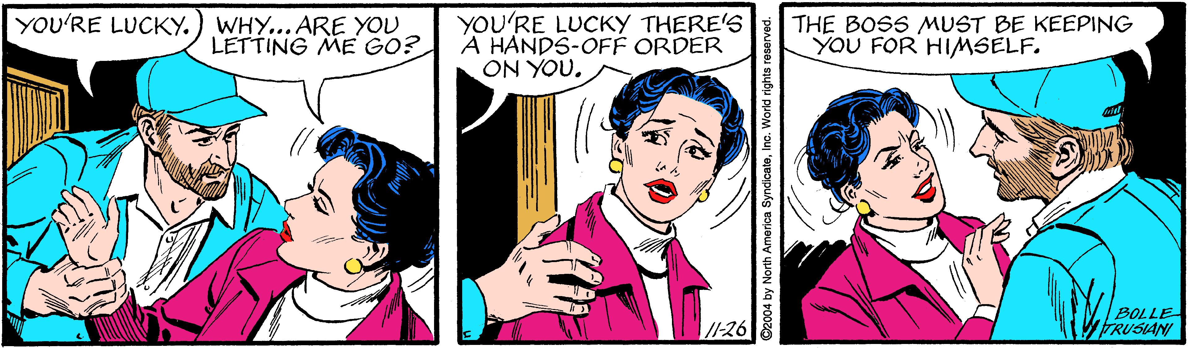 Gesture OCR: YOU'RE LUCKY. WHY... ARE YOU LETTING ME GO? YOU'RE LUCKY THERE'S A HANDS-OFF ORDER ON YOU. THE BOSS MUST BE KEEPING YOU FOR HIMSELF. /1-26 BOLLE TRUSIANI subu puoM 2004 by North America YOU'RE LUCKY. WHY... ARE YOU LETTING ME GO? YOU'RE LUCKY THERE'S A HANDS-OFF ORDER ON YOU. THE BOSS MUST BE KEEPING YOU FOR HIMSELF. /1-26 BOLLE TRUSIANI subu puoM 2004 by North America