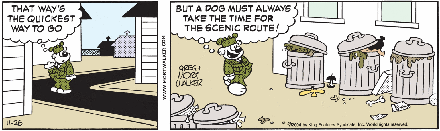 Graphics OCR: THAT WAY'S THE QUICKEST WAY TO GO BUT A DOG MUST ALWAYS TAKE THE TIME FOR THE SCENIC ROUTE! GREG+ MORT ÜALKER ?? 11-26 °©2004 by King Features SyndicateInc. World rights reserved. www.MORTWALKER.COM THAT WAY'S THE QUICKEST WAY TO GO BUT A DOG MUST ALWAYS TAKE THE TIME FOR THE SCENIC ROUTE! GREG+ MORT ÜALKER ? ? 11-26 °©2004 by King Features SyndicateInc. World rights reserved. www.MORTWALKER.COM