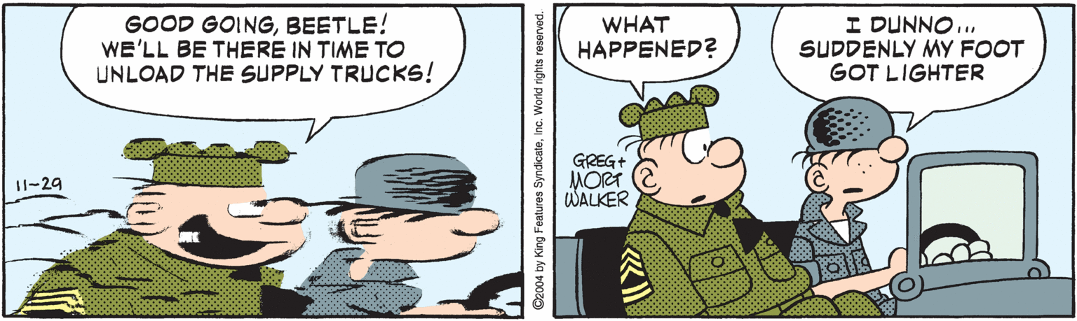 Art OCR: GOOD GOINGBEETLE! WE'LL BE THERE IN TIME TO UNLOAD THE SUPPLY TRUCKS! WHAT HAPPENED? I DUNNO..SUDDENLY MY FOOT GOT LIGHTER GREG+ MORT WALKER I1-29 ©2004 by King Features SyndicateInc. World rights reserved. GOOD GOINGBEETLE! WE'LL BE THERE IN TIME TO UNLOAD THE SUPPLY TRUCKS! WHAT HAPPENED? I DUNNO..SUDDENLY MY FOOT GOT LIGHTER GREG+ MORT WALKER I1-29 ©2004 by King Features SyndicateInc. World rights reserved.