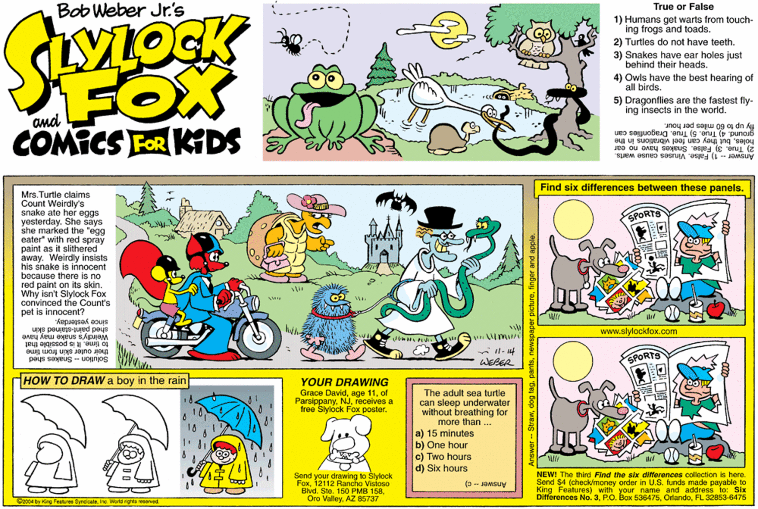 Comics OCR: Bob Weber Jr.'s True or False YLOCK 1) Humans get warts from touch- ing frogs and toads. 2) Turtles do not have teeth. 3) Snakes have ear holes just behind their heads. FOX COMICS FOR KDS 4) Owis have the best hearing of all birds. 5) Dragonflies are the fastest fly- ing insects in the world. fly up to 60 miles per hour. ground. 4) True. 5) True. Dragonflies can holesbut they can feel vibrations in the 2) True. 3) False. Snakes have no ear Answer -- 1) False. Viruses cause warts. Find six differences between these panels. Mrs. Turtle claims Count Weirdly's snake ate her eggs yesterday. She says she marked the "egg eater" with red spray paint as It slithered away. Weirdly insists his snake is innocent because there is no red paint on its skin. Why isn't Slylock Fox convinced the Count's pet is innocent? since yesterday. shed paint-stained skin Weirdly's snake may have to time. It is possible that SPORTS www.slylockfox.com - Il- 14 WEBER their outer skin from time Solution -- Snakes shed SPORTS HOW TO DRAW a boy in the rain YOUR DRAWING Grace Davidof Parsippanyreceives a free Slylock Fox poster. The adult sea turtle can sleep underwater without breathing for more than .. a) 15 minutes b) One hou c) Two hours d) Six hours orawing to Fox12112 Bancho Vock Blvd. Ste. 150 PMB 158NEW! The third Find the six differences collection is here. Send $4 (check/money order in U.S. funds made payable to King Features) with your name and address to: Six Differences No. 3FL 32853-6475 Send your Vistoso (0-- JOMSUV Cz004 by King Featuree SynaicaleInc World rights reserved. Oro ValleyAZ 85737 Bob Weber Jr.'s True or False YLOCK 1) Humans get warts from touch- ing frogs and toads. 2) Turtles do not have teeth. 3) Snakes have ear holes just behind their heads. FOX COMICS FOR KDS 4) Owis have the best hearing of all birds. 5) Dragonflies are the fastest fly- ing insects in the world. fly up to 60 miles per hour. ground. 4) True. 5) True. Dragonflies can holesbut they can feel vibrations in the 2) True. 3) False. Snakes have no ear Answer -- 1) False. Viruses cause warts. Find six differences between these panels. Mrs. Turtle claims Count Weirdly's snake ate her eggs yesterday. She says she marked the "egg eater" with red spray paint as It slithered away. Weirdly insists his snake is innocent because there is no red paint on its skin. Why isn't Slylock Fox convinced the Count's pet is innocent? since yesterday. shed paint-stained skin Weirdly's snake may have to time. It is possible that SPORTS www.slylockfox.com - Il- 14 WEBER their outer skin from time Solution -- Snakes shed SPORTS HOW TO DRAW a boy in the rain YOUR DRAWING Grace Davidage 11of Parsippanyreceives a free Slylock Fox poster. The adult sea turtle can sleep underwater without breathing for more than .. a) 15 minutes b) One hou c) Two hours d) Six hours orawing to Fox12112 Bancho Vock Blvd. Ste. 150 PMB 158NEW! The third Find the six differences collection is here. Send $4 (check/money order in U.S. funds made payable to King Features) with your name and address to: Six Differences No. 3P.O. Box 536475FL 32853-6475 Send your Vistoso (0-- JOMSUV Cz004 by King Featuree SynaicaleInc World rights reserved. Oro ValleyAZ 85737