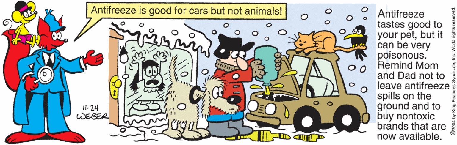 Rectangle OCR: Antifreeze is good for cars but not animals! Antifreeze tastes good to your petbut it can be very poisonous. Remind Mom and Dad not to leave antifreeze spills on the ground and to buy nontoxic brands that are now available. il- 24 WEBER Antifreeze is good for cars but not animals! Antifreeze tastes good to your petbut it can be very poisonous. Remind Mom and Dad not to leave antifreeze spills on the ground and to buy nontoxic brands that are now available. il- 24 WEBER
