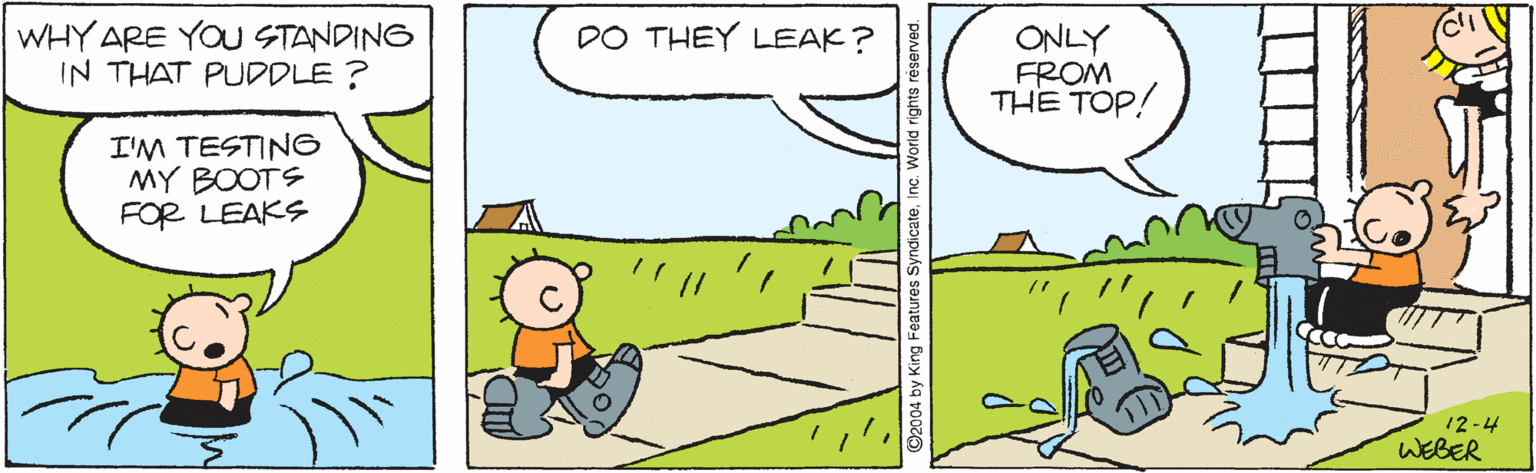 Comics OCR: WHY ARE YOU STANDING IN THAT PUDDLE ? DO THEY LEAK? ONLY FROM THE TOP! I'M TESTING MY BOOTS FOR LEAKS 12-4 WEBER 2004 by King es SyndicateInc. World rights réserved. WHY ARE YOU STANDING IN THAT PUDDLE ? DO THEY LEAK? ONLY FROM THE TOP! I'M TESTING MY BOOTS FOR LEAKS 12-4 WEBER 2004 by King es SyndicateInc. World rights réserved.