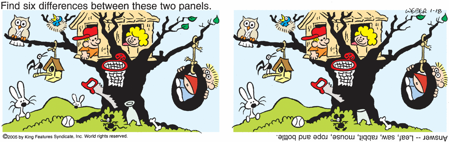 Circle OCR: Find six differences between these two panels. WEBER I-18 ©2005 by King Features SyndicateInc. World rights reserved. Answer -- Leafrope and bottle. Find six differences between these two panels. WEBER I-18 ©2005 by King Features SyndicateInc. World rights reserved. Answer -- Leafrope and bottle.