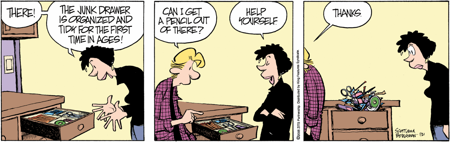 Interaction OCR: THE JUNK DRAWER IS ORGANIZED AND TIDK FOR THE FIRST TIME IN AGES! CAN I GET A PENCIL OUT OF THERE? THERE! HELP KOURSELF THANKS. SCATAMA Soc06 ZITS Partnership. Distributed by King Features Syndicate. THE JUNK DRAWER IS ORGANIZED AND TIDK FOR THE FIRST TIME IN AGES! CAN I GET A PENCIL OUT OF THERE? THERE! HELP KOURSELF THANKS. SCATAMA Soc06 ZITS Partnership. Distributed by King Features Syndicate.