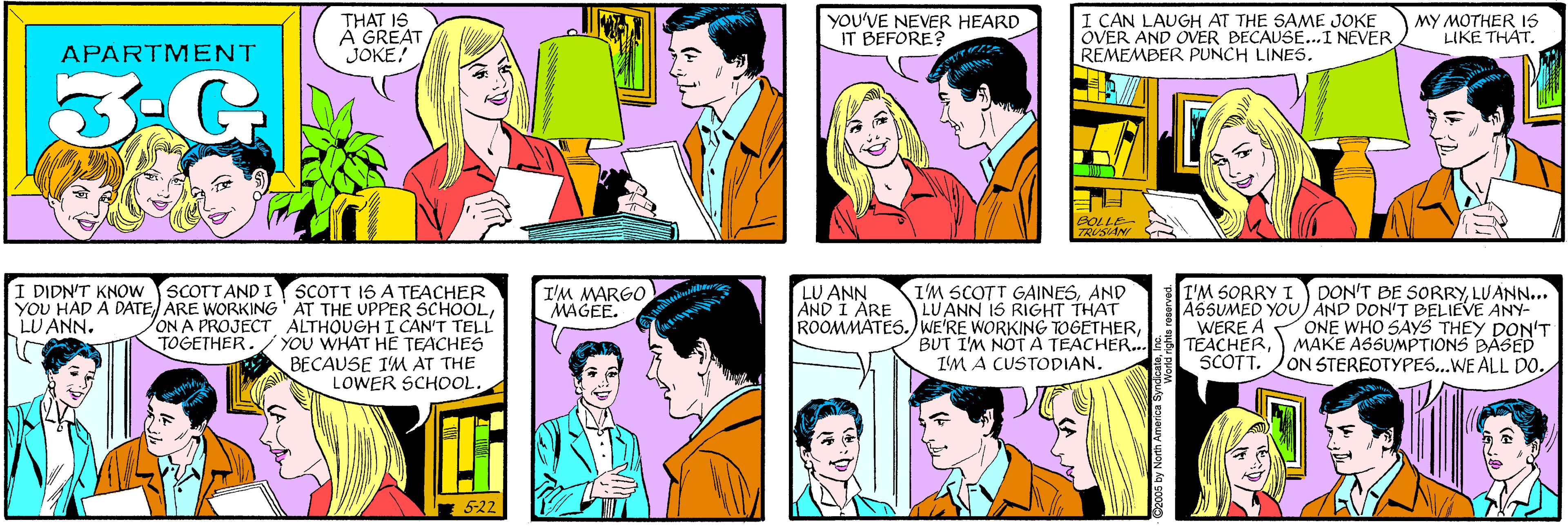 Human OCR: THAT IS A GREAT JOKE! YOU'VE NEVER HEARD IT BEFORE? APARTM ENT ?? I CAN LAUGH AT THE SAME JOKE OVER AND OVER BECAUSE...I NEVER REMEMBER PUNCH LINES. SCOTT 16 A TEACHER YOU HAD A DATEON A PROJECT ALTHOUGHI CAN'T TELL YOU WHAT HE TEACHES BECAUSE IM AT THE LOWER SCHOOL. MY MOTHER IS LIKE THAT. I DIDN'T KNOW SCOTTAND I LU ANN. TOGETHER. BOLLE SANI 522 I'M MARGO MAGEE. LU ANN AND I ARE I'M SCOTT GAINESAND LU ANN 15 RIGHT THAT ROOMMATES.)WE'RE WORKING TOGETHERBUT I'M NOT A TEACHER... I'M A CUSTODIAN. I'M SORRY I A55UMED YOU) AND DON'T BELIEVE ANY- WERE A TEACHERSCOTT. DON'T BE SORRYLUANN... ONE WHO SAYS THEY DON'T MAKE ASSUMPTIONS BASED ON STEREOTYPES...WE ALL D0. THAT IS A GREAT JOKE! YOU'VE NEVER HEARD IT BEFORE? APARTM ENT ?? I CAN LAUGH AT THE SAME JOKE OVER AND OVER BECAUSE...I NEVER REMEMBER PUNCH LINES. SCOTT 16 A TEACHER YOU HAD A DATEARE WORKING' ÁT THE UPPER SCHOOLON A PROJECT ALTHOUGHI CAN'T TELL YOU WHAT HE TEACHES BECAUSE IM AT THE LOWER SCHOOL. MY MOTHER IS LIKE THAT. I DIDN'T KNOW SCOTTAND I LU ANN. TOGETHER. BOLLE SANI 522 I'M MARGO MAGEE. LU ANN AND I ARE I'M SCOTT GAINESAND LU ANN 15 RIGHT THAT ROOMMATES.)WE'RE WORKING TOGETHERBUT I'M NOT A TEACHER... I'M A CUSTODIAN. I'M SORRY I A55UMED YOU) AND DON'T BELIEVE ANY- WERE A TEACHERSCOTT. DON'T BE SORRYLUANN... ONE WHO SAYS THEY DON'T MAKE ASSUMPTIONS BASED ON STEREOTYPES...WE ALL D0.