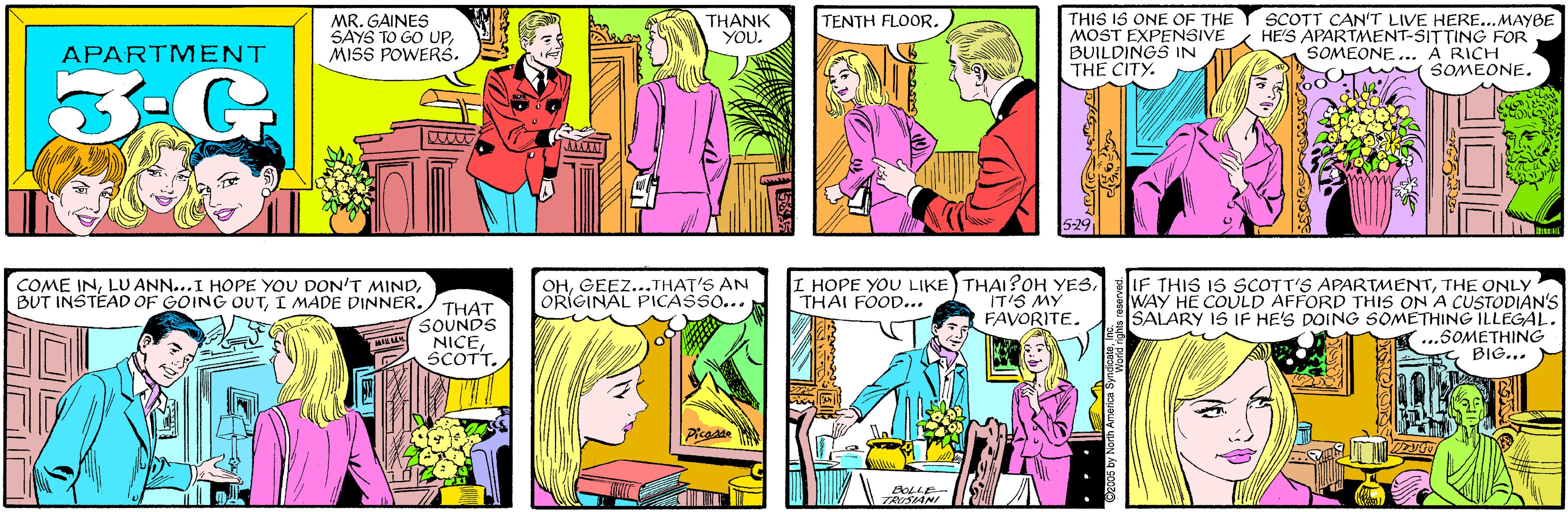 Comic book OCR: TENTH FLOOR. MR. GAINES SAYS TO GO UPMISS POWERS. THANK YOU. APARTMENT 3-G THIS IS ONE OF THE MOST EXPENSIVE BUILDINGS IN THE CITY. SCOTT CAN'T LIVE HERE...MAYBE HE'S APARTMENT-SITTING FOR A RICH SOMEONE. COME INI MADE DINNER. THAT SOUNDS NICESCOTT. SOMEONE. 5-29 I HOPE YOU LIKE THAI?OH YESIT'S MY FAVORITE. IF THIS IS SCOTT'S APARTMENTTHE ONLY WAY HE COULD AFFORD THIS ON A CUSTODIAN'S SALARY 1S IF HE'S DOING SOMETHING ILLEGAL. ...6OMETHING BIG... OHGEEZ...THAT'S AN ORIGINAL PICASSO... THAI FOOD... Picadde BOLLE- TRSIANI O2005 by North America Synond ngh TENTH FLOOR. MR. GAINES SAYS TO GO UPMISS POWERS. THANK YOU. APARTMENT 3-G THIS IS ONE OF THE MOST EXPENSIVE BUILDINGS IN THE CITY. SCOTT CAN'T LIVE HERE...MAYBE HE'S APARTMENT-SITTING FOR A RICH SOMEONE. COME INLU ANN...I HOPE YOU DON'T MINDBUT INSTEAD OF GOING OUTI MADE DINNER. THAT SOUNDS NICESCOTT. SOMEONE. 5-29 I HOPE YOU LIKE THAI?OH YESIT'S MY FAVORITE. IF THIS IS SCOTT'S APARTMENTTHE ONLY WAY HE COULD AFFORD THIS ON A CUSTODIAN'S SALARY 1S IF HE'S DOING SOMETHING ILLEGAL. ...6OMETHING BIG... OHGEEZ...THAT'S AN ORIGINAL PICASSO... THAI FOOD... Picadde BOLLE- TRSIANI O2005 by North America Synond ngh