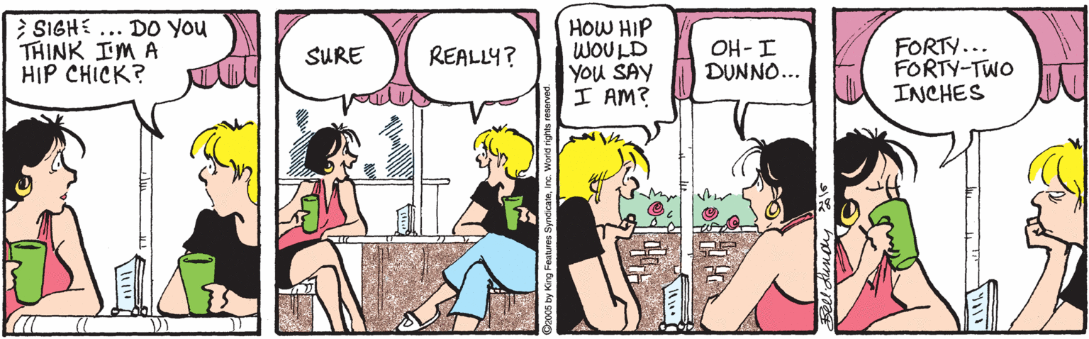 Sharing OCR: } SIGHE ... DO you THINK IM A HIP CHICK? HOW HIP WOULD YOu SAY I AM? FORTY... FORTY-TWO INCHES REALLY? OH- I DUNNO... SURE } SIGHE ... DO you THINK IM A HIP CHICK? HOW HIP WOULD YOu SAY I AM? FORTY... FORTY-TWO INCHES REALLY? OH- I DUNNO... SURE
