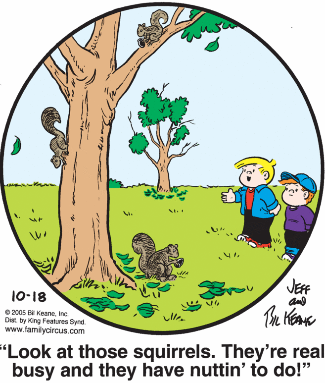 Organism OCR: JEFF 10-18 and © 2005 Bil KeaneInc. Dist. by King Features Synd. www.familycircus.com ?? "Look at those squirrels. They're real busy and they have nuttin' to do!" JEFF 10-18 and © 2005 Bil KeaneInc. Dist. by King Features Synd. www.familycircus.com ? ? "Look at those squirrels. They're real busy and they have nuttin' to do!"