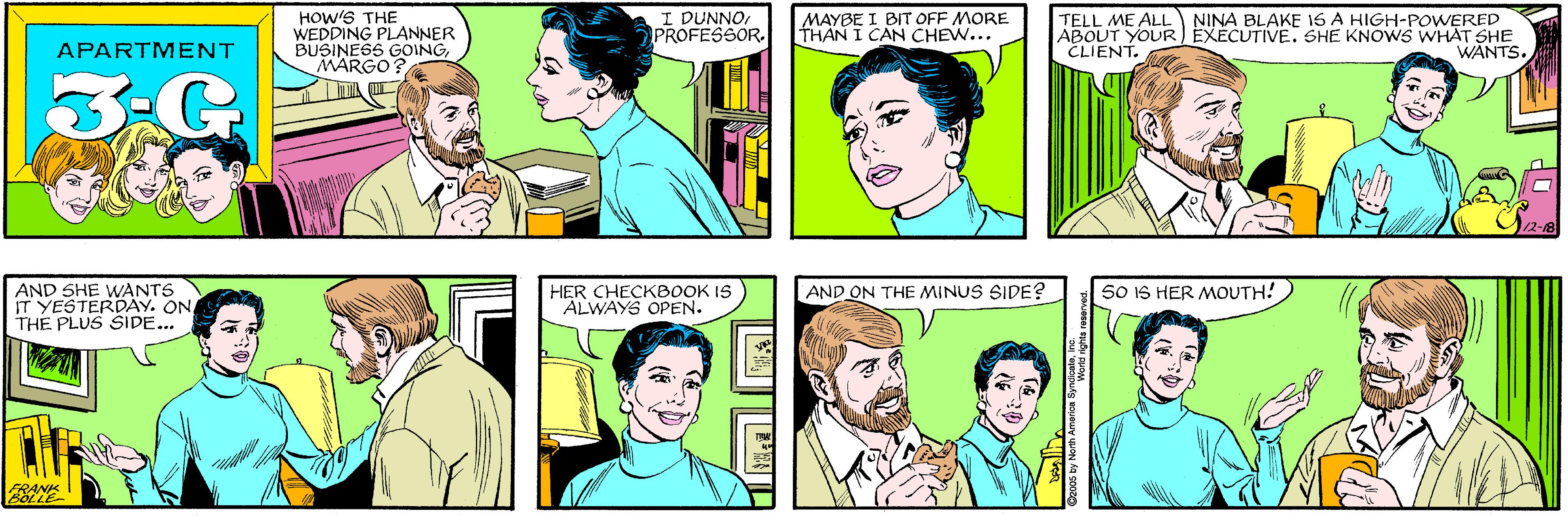Green OCR: HOW'S THE WEDDING PLANNER BUSINE6S GOINGMARGO? I DUNNOPROFESSOR. MAYBE I BIT OFF MORE THAN I CAN CHEW... APARTMENT 3.G TELL ME ALL NINA BLAKE 16 A HIGH-POWERED ABOUT YOUR) EXÉCUTIVE. SHE KNOWS WHAT SHE CLIENT. AND SHE WANTS IT YESTERDAY. ON THE PLUS SIDE... WÂNTS. 12-18 FRANK HER CHECKBOOK IS ALWAYS OPEN. AND ON THE MINUS SIDE? 50 IS HER MOUTH! HOW'S THE WEDDING PLANNER BUSINE6S GOINGMARGO? I DUNNOPROFESSOR. MAYBE I BIT OFF MORE THAN I CAN CHEW... APARTMENT 3.G TELL ME ALL NINA BLAKE 16 A HIGH-POWERED ABOUT YOUR) EXÉCUTIVE. SHE KNOWS WHAT SHE CLIENT. AND SHE WANTS IT YESTERDAY. ON THE PLUS SIDE... WÂNTS. 12-18 FRANK HER CHECKBOOK IS ALWAYS OPEN. AND ON THE MINUS SIDE? 50 IS HER MOUTH!