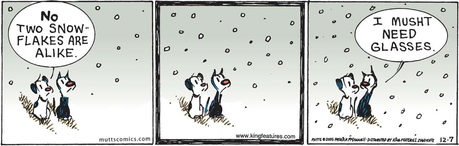 Visual arts OCR: No TWO SNOW- FLAKES ARE ALIKE. I MUSHT NEED GLASSES. www.kingfeatures.com um e2005 ATelKmousll-DISTREVTEDY KerEATRES sHoem 12-7 muttscomics.com No TWO SNOW- FLAKES ARE ALIKE. I MUSHT NEED GLASSES. www.kingfeatures.com um e2005 ATelKmousll-DISTREVTEDY KerEATRES sHoem 12-7 muttscomics.com