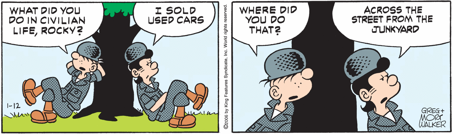 Fiction OCR: WHAT DID YOU DO IN CIVILIAN I SOLD USED CARS WHERE DID YOU DO THAT? ACROSS THE STREET FROM THE JUNKYARD LIFEROCKY? |-12 GREG+ MORT WALKER ©2006 by King Features SyndicateInc. World rights reserved. WHAT DID YOU DO IN CIVILIAN I SOLD USED CARS WHERE DID YOU DO THAT? ACROSS THE STREET FROM THE JUNKYARD LIFEROCKY? |-12 GREG+ MORT WALKER ©2006 by King Features SyndicateInc. World rights reserved.