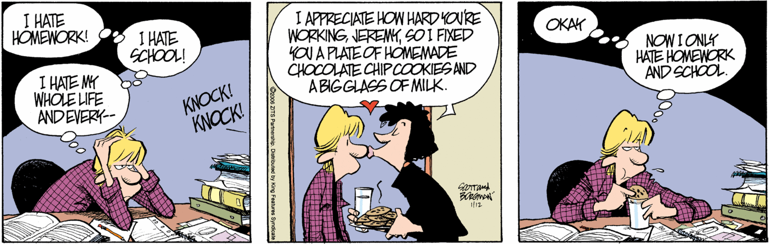 Animated cartoon OCR: I HATE HOMEWORK! I APPRECIATE HOW HARD YOURE WORKINGSO I FIXED YOU A PLATE OF HOMEMADE CHOCOLATE CHIPCOOKIES AND A BIGGLASS OF MILK. * 1 HATE SCHOOL! ???? I HATE MY WHOLE LIFE ANDEVERY- KNOCK! KNOCK! NOW I ONIY HATE HOMEWORK AND SCHOOL. Diavbuled by King Features Syndicate I HATE HOMEWORK! I APPRECIATE HOW HARD YOURE WORKINGSO I FIXED YOU A PLATE OF HOMEMADE CHOCOLATE CHIPCOOKIES AND A BIGGLASS OF MILK. * 1 HATE SCHOOL! ???? I HATE MY WHOLE LIFE ANDEVERY- KNOCK! KNOCK! NOW I ONIY HATE HOMEWORK AND SCHOOL. Diavbuled by King Features Syndicate