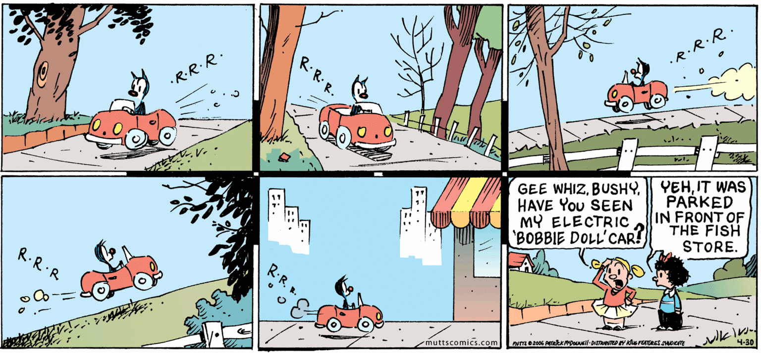 Line OCR: .R.R.R. •RR.R. HAVE You SEEN MY ELECTRIC 'BOBBIE DOLL'CAR! GEE WHIZIT WAS PARKED IN FRONT OF THE FISH STORE. R.R.R muttscomics.com 4-30 .R.R.R. •RR.R. HAVE You SEEN MY ELECTRIC 'BOBBIE DOLL'CAR! GEE WHIZI YEHIT WAS PARKED IN FRONT OF THE FISH STORE. R.R.R muttscomics.com 4-30