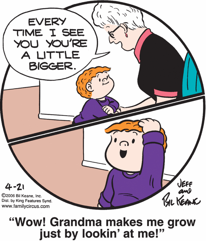 Happy OCR: EVERY TIME I SEE YOU YOU'RE A LITTLE BIGGER. JEFF and 4-21 ©2006 Bil KeaneInc. Dist. by King Features Synd. www.familycircus.com "Wow! Grandma makes me grow just by lookin' at me!" EVERY TIME I SEE YOU YOU'RE A LITTLE BIGGER. JEFF and 4-21 ©2006 Bil KeaneInc. Dist. by King Features Synd. www.familycircus.com "Wow! Grandma makes me grow just by lookin' at me!"