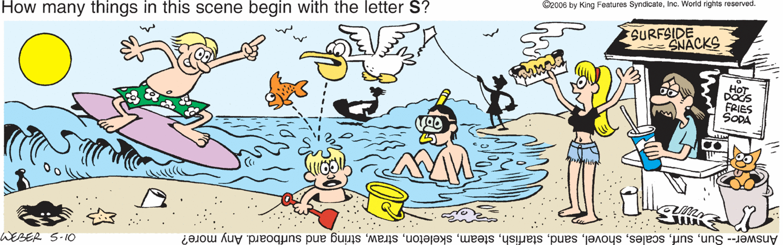 Graphics OCR: ©2006 by King Features SyndicateInc. World rights reserved. How many things in this scene begin with the letter S? SURFSIDE SNACKS HOT DOCS FRIES SODA WEBER S-10 Answer-- Sunstring and surfboard. Any more? ©2006 by King Features SyndicateInc. World rights reserved. How many things in this scene begin with the letter S? SURFSIDE SNACKS HOT DOCS FRIES SODA WEBER S-10 Answer-- Sunstring and surfboard. Any more?