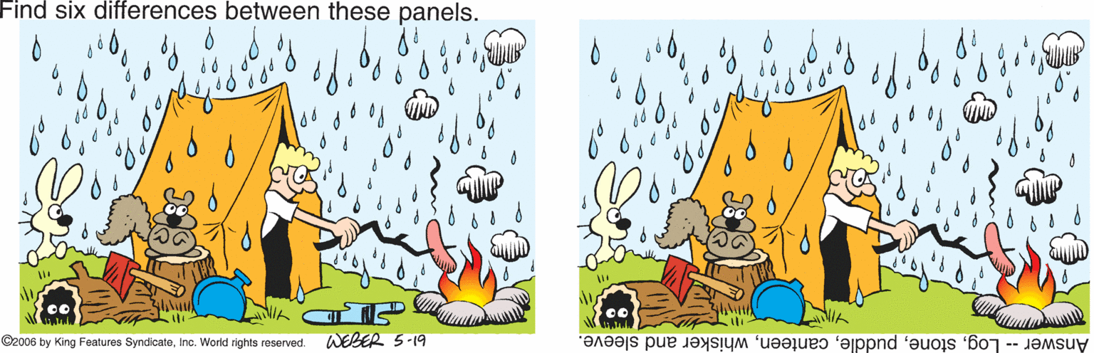 Artwork OCR: Find six differences between these panels. ©2006 by King Features SyndicateInc. World rights reserved. WEBER 5-19 Answer -- Logwhisker and sleeve. Find six differences between these panels. ©2006 by King Features SyndicateInc. World rights reserved. WEBER 5-19 Answer -- Logwhisker and sleeve.