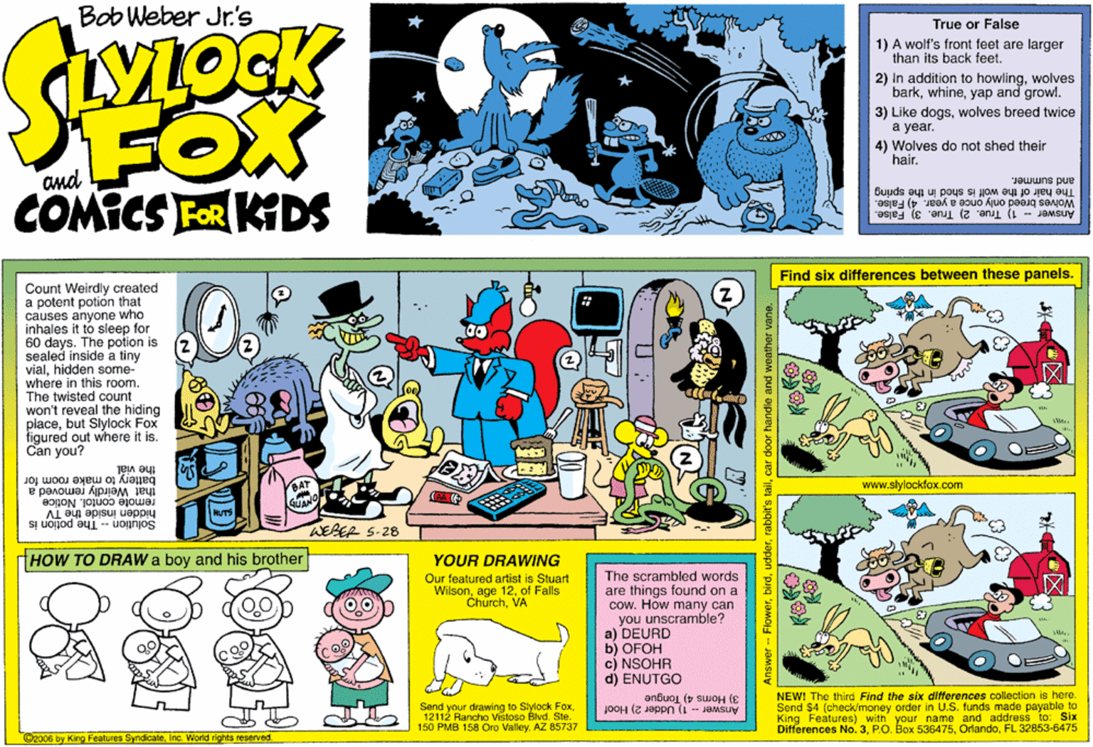 Parallel OCR: Bob Weber Jr.'s True or False 1) A wolf's front feet are larger than its back feet. 2) In addition to howlingwolves barkyap and growl. FOX COMICS FOR KDS 3) Like dogswolves breed twice ? year. 4) Wolves do not shed their hair. and and summer. The hair of the wolf is shed in the spring Wolves breed only once a year. 4) False. Find six differences between these panels. Count Weirdly created a potent potion that causes anyone who inhales it to sleep for 60 days. The potion is sealed inside a tiny vialhidden some- where in this room. The twisted count won't reveal the hiding placebut Slylock Fox figured out where it is. Can you? the vior to make room for www.slylockfox.com that Weirdly removed a remote contol. Notice hidden inside the TV Solution -- The potion is WEBER 5-28 THOW TO DRAW a boy and his brother YOUR DRAWING The scrambled words are things found on a cow. How many can you unscramble? a) DEURD b) OFOH c) NSOHR d) ENUTGO Our featured artist is Stuart Wilsonof Falls ChurchVA Send your drawing to Stylock Fox12112 Rancho Vistoso Blvd. Ste. 150 PMB 158 Oro ValleyAZ 85737 3) Homs 4) Tongue Answer - 1) Udder 2) Hoof NEW! The third Find the six differences collection is here. Send $4 (check/money order in U.S. funds made payabloe to King Features) with your name and address to: Six Differences No. 3FL 32853-6475 O2006 by King Features SyndicateInc. World rights reserved. Flowercar door handle an Bob Weber Jr.'s True or False 1) A wolf's front feet are larger than its back feet. 2) In addition to howlingwolves barkyap and growl. FOX COMICS FOR KDS 3) Like dogswolves breed twice ? year. 4) Wolves do not shed their hair. and and summer. The hair of the wolf is shed in the spring Wolves breed only once a year. 4) False. Find six differences between these panels. Count Weirdly created a potent potion that causes anyone who inhales it to sleep for 60 days. The potion is sealed inside a tiny vialhidden some- where in this room. The twisted count won't reveal the hiding placebut Slylock Fox figured out where it is. Can you? the vior to make room for www.slylockfox.com that Weirdly removed a remote contol. Notice hidden inside the TV Solution -- The potion is WEBER 5-28 THOW TO DRAW a boy and his brother YOUR DRAWING The scrambled words are things found on a cow. How many can you unscramble? a) DEURD b) OFOH c) NSOHR d) ENUTGO Our featured artist is Stuart Wilsonage 12of Falls ChurchVA Send your drawing to Stylock Fox12112 Rancho Vistoso Blvd. Ste. 150 PMB 158 Oro ValleyAZ 85737 3) Homs 4) Tongue Answer - 1) Udder 2) Hoof NEW! The third Find the six differences collection is here. Send $4 (check/money order in U.S. funds made payabloe to King Features) with your name and address to: Six Differences No. 3P.O. Box 536475FL 32853-6475 O2006 by King Features SyndicateInc. World rights reserved. Flowerrabbit's tailcar door handle an