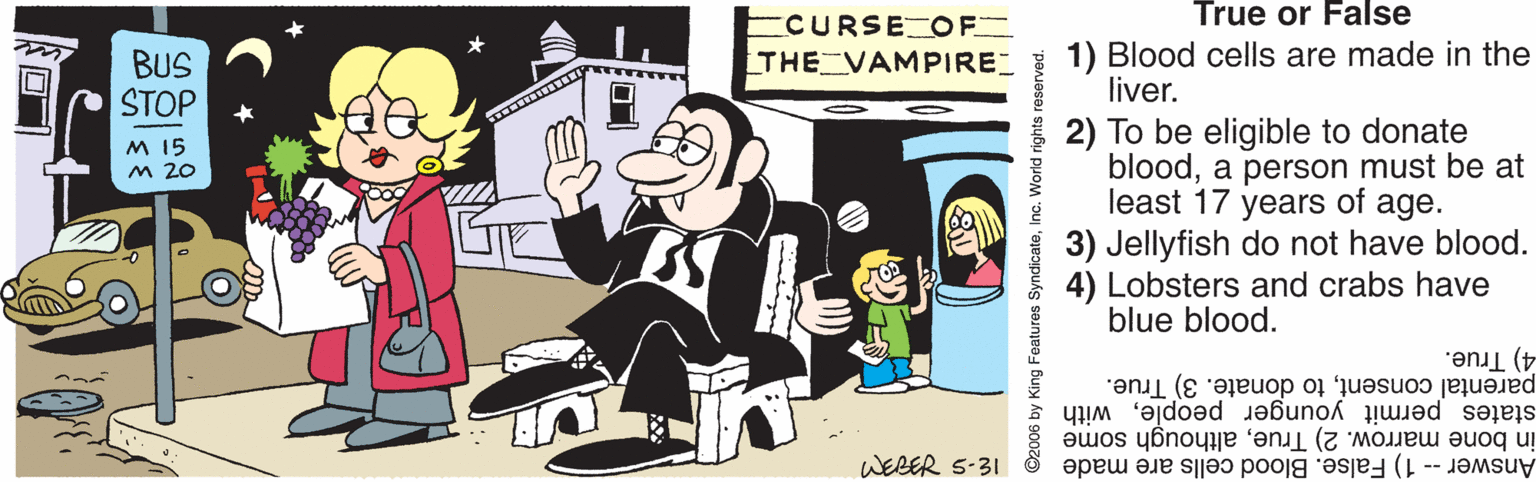Interaction OCR: True or False BUS STOP ECURSE OF THE VAMPIRE 1) Blood cells are made in the liver. 2) To be eligible to donate blooda person must be at least 17 years of age. 3) Jellyfish do not have blood. 4) Lobsters and crabs have blue blood. M 15 M 20 4) True. parental consentto donate. 3) True. states permit younger peoplewith in bone marrow. 2) Truealthough some Answer - 1) False. Blood cells are made WERER 5-31 ©2006 by King Features SyndicateInc. World rights reserved. True or False BUS STOP ECURSE OF THE VAMPIRE 1) Blood cells are made in the liver. 2) To be eligible to donate blooda person must be at least 17 years of age. 3) Jellyfish do not have blood. 4) Lobsters and crabs have blue blood. M 15 M 20 4) True. parental consentto donate. 3) True. states permit younger peoplewith in bone marrow. 2) Truealthough some Answer - 1) False. Blood cells are made WERER 5-31 ©2006 by King Features SyndicateInc. World rights reserved.