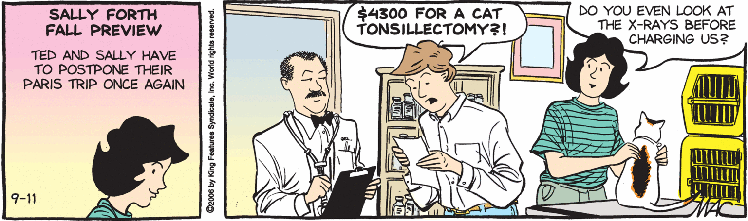 Illustration OCR: SALLY FORTH FALL PREVIEW $4300 FORA CAT TONSILLECTOMY?! DO YOU EVEN LOOK AT THE X-RAYS BEFORE CHARGING US? TED AND SALLY HAVE TO POSTPONE THEIR PARIS TRIP ONCE AGAIN 9-11 ©2006 by King Features SyndicateInc. World rights reserved. SALLY FORTH FALL PREVIEW $4300 FORA CAT TONSILLECTOMY?! DO YOU EVEN LOOK AT THE X-RAYS BEFORE CHARGING US? TED AND SALLY HAVE TO POSTPONE THEIR PARIS TRIP ONCE AGAIN 9-11 ©2006 by King Features SyndicateInc. World rights reserved.