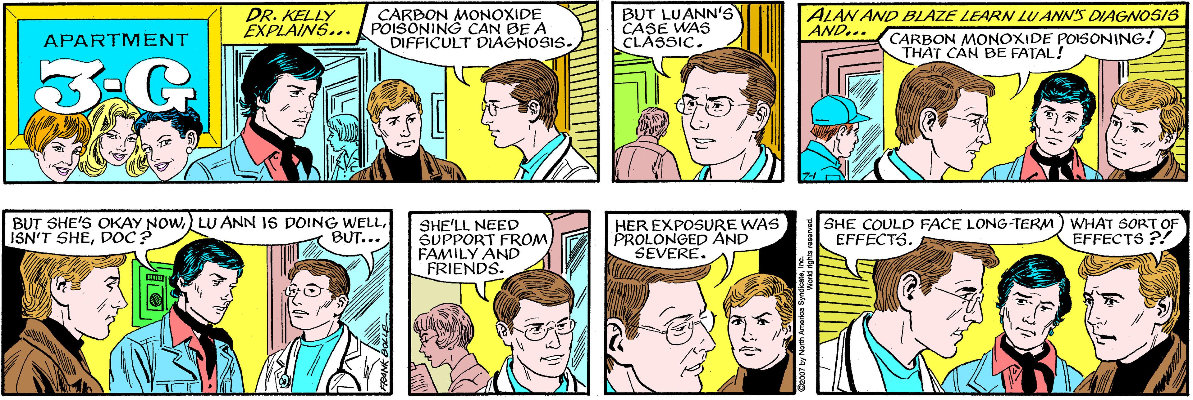 Human OCR: DR. KELLY EXPLAINS... CARBON MONOXIDE POISONING CAN BE A DIFFICULT DIAGNOSIS. BUT LUANN's CASE WAS CLASSIC. APARTMENT ALAN AND BLAZE LEARN LU ANN'S DIAGNOSIS AND... BUT SHE'S OKAY NOWDOC? BUT... CARBON MONOXIDE POISONING! THAT CÁN BE FATAL! SHE'LL NEED SUPPORT FROM FAMILY AND FRIENDS. HER EXPOSURE WAS PROLONGED AND SEVERE. SHE COULD FACE LONG-TERM) WHAT SORT OF EFFECTS. EFFECTS ?! by North America SyndicaleDR. KELLY EXPLAINS... CARBON MONOXIDE POISONING CAN BE A DIFFICULT DIAGNOSIS. BUT LUANN's CASE WAS CLASSIC. APARTMENT ALAN AND BLAZE LEARN LU ANN'S DIAGNOSIS AND... BUT SHE'S OKAY NOW) LU ANN 1S DOING WELLJSN'T SHEDOC? BUT... CARBON MONOXIDE POISONING! THAT CÁN BE FATAL! SHE'LL NEED SUPPORT FROM FAMILY AND FRIENDS. HER EXPOSURE WAS PROLONGED AND SEVERE. SHE COULD FACE LONG-TERM) WHAT SORT OF EFFECTS. EFFECTS ?! by North America Syndicale