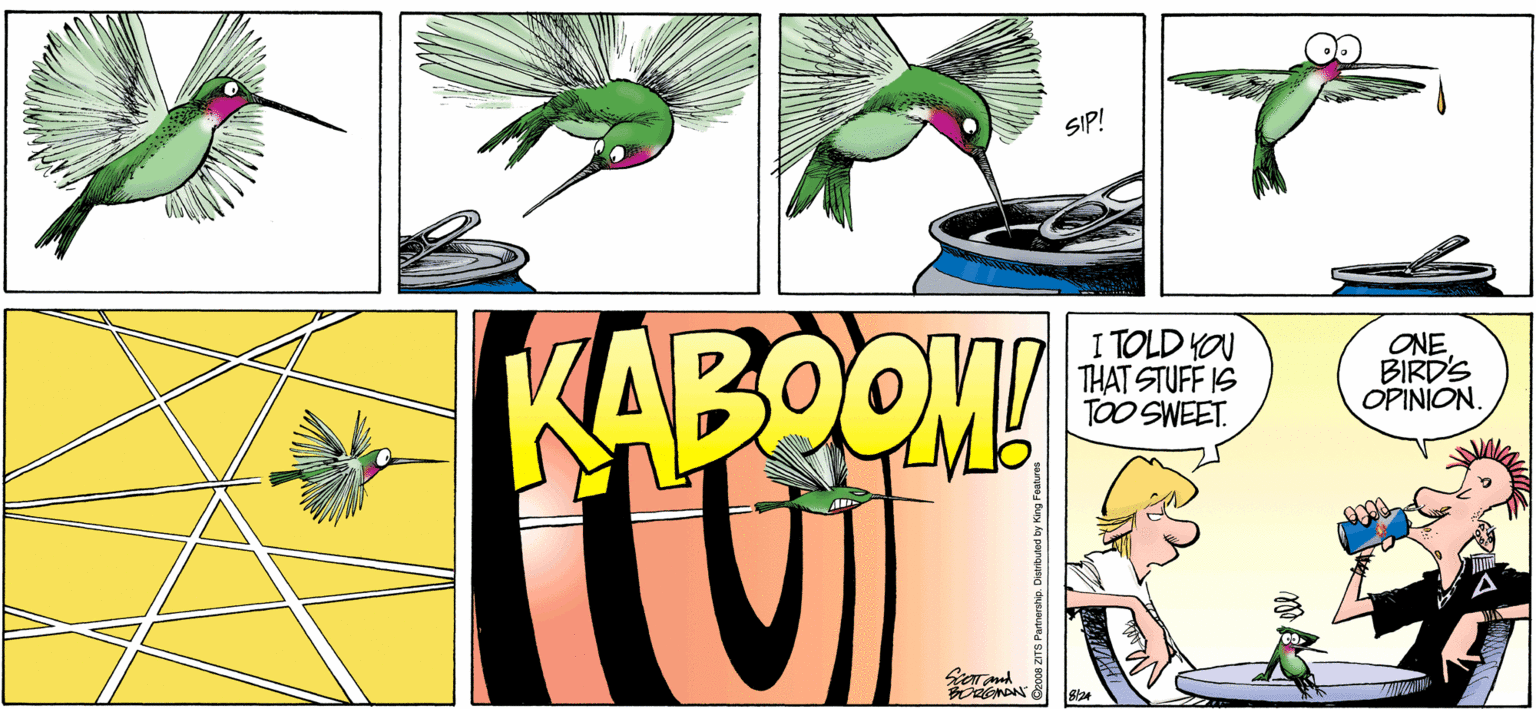 Bird OCR: SIP! KABOOMI I TOLD YOU THAT STUFF IS TOO SWEET. ONE BIRDS OPINION. SIP! KABOOMI I TOLD YOU THAT STUFF IS TOO SWEET. ONE BIRDS OPINION.