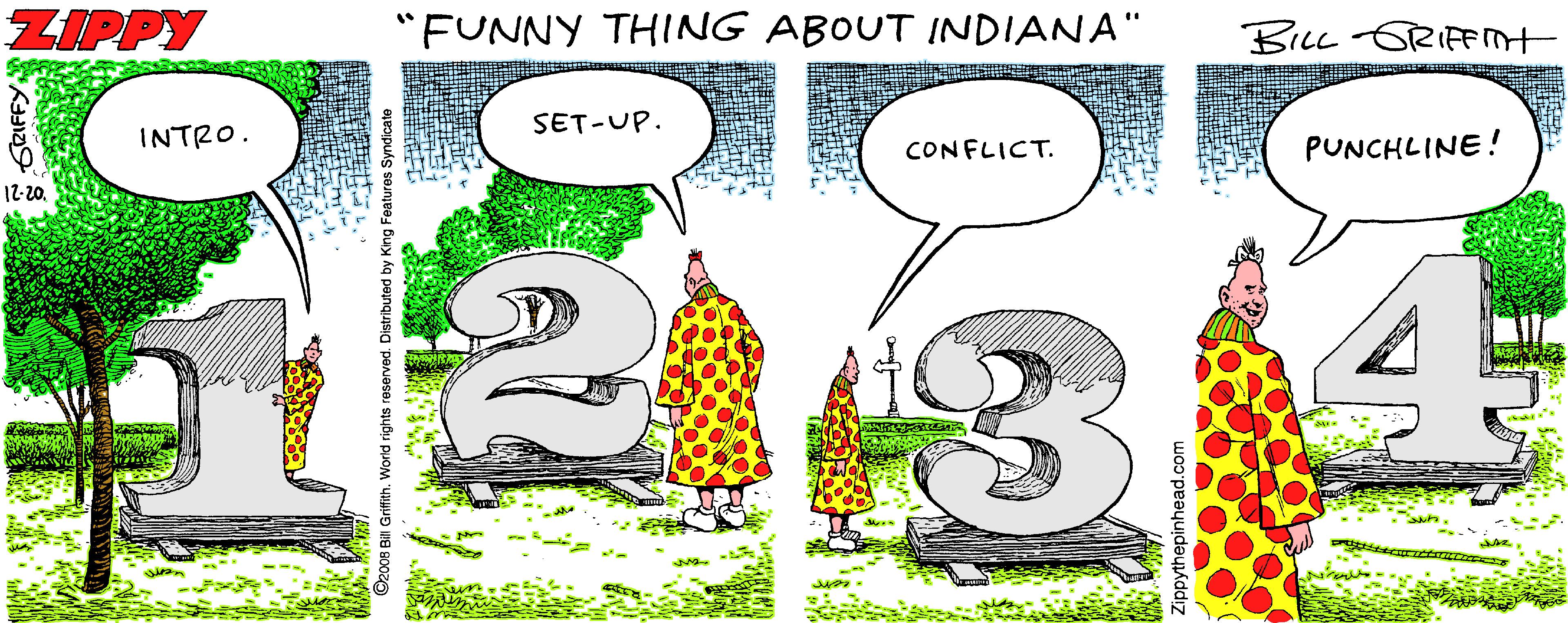 Graphics OCR: ZIPPY "FUNNY THING ABOUT INDIANA" BILL GRIFnt SET-UP. INTRO. CONFLICT. PUNCHLINE! 12-20. s reserved. Distributed by King F ZIPPY "FUNNY THING ABOUT INDIANA" BILL GRIFnt SET-UP. INTRO. CONFLICT. PUNCHLINE! 12-20. s reserved. Distributed by King F
