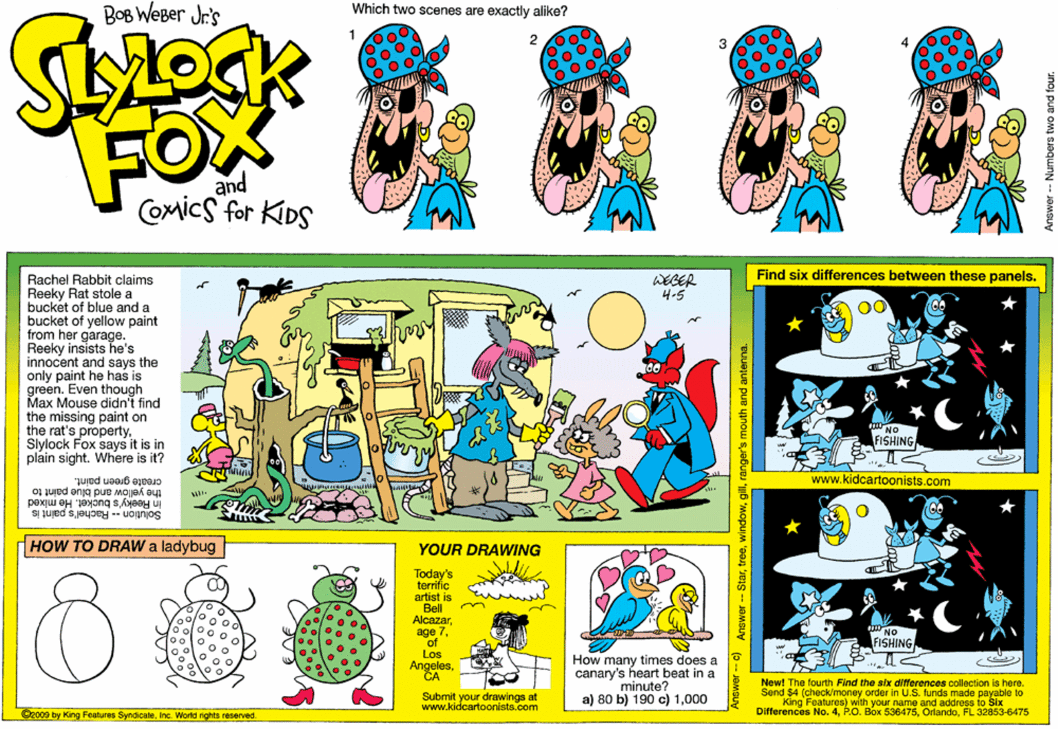 Illustration OCR: BOB WEBer Jr's Which two scenes are exactly alike? 1 FOX Comics for KDS Find six differences between these panels. WEGER 4-5 Rachel Rabbit claims Reeky Rat stole a bucket of blue and a bucket of yellow paint from her garage. Reeky insists he's innocent and says the only paint he has is green. Even though Max Mouse didn't find the missing paint on the rat's propertySlylock Fox says it is in plain sight. Where is it? FISHING www.kidcartoonists.com the yellow and blue paint to create green paint. in Reeky's bucket. He mixed Solution -- Rachel's paint is HOW TO DRAW a ladybug YOUR DRAWING Today's terrific artist is Bell Alcazarof Los AngelesCA NO FISHING How many times does a canary's heart beat in a minute? a) 80 b) 190 c) 1000 New! The fourth Find the six differences collection is here. Send $4 (check/money order in U.S. funds made payable to King Features) with your name and address to Six Differences No. 4FL 32853-6475 Submit your drawings at www.kidcartoonists.com @2009 by King Features SyndicateInc. World nghts reserved Answer - Starranger's mouth and antenna. Answer -- Numbers two and four. BOB WEBer Jr's Which two scenes are exactly alike? 1 FOX Comics for KDS Find six differences between these panels. WEGER 4-5 Rachel Rabbit claims Reeky Rat stole a bucket of blue and a bucket of yellow paint from her garage. Reeky insists he's innocent and says the only paint he has is green. Even though Max Mouse didn't find the missing paint on the rat's propertySlylock Fox says it is in plain sight. Where is it? FISHING www.kidcartoonists.com the yellow and blue paint to create green paint. in Reeky's bucket. He mixed Solution -- Rachel's paint is HOW TO DRAW a ladybug YOUR DRAWING Today's terrific artist is Bell Alcazarage 7of Los AngelesCA NO FISHING How many times does a canary's heart beat in a minute? a) 80 b) 190 c) 1000 New! The fourth Find the six differences collection is here. Send $4 (check/money order in U.S. funds made payable to King Features) with your name and address to Six Differences No. 4P.O. Box 536475FL 32853-6475 Submit your drawings at www.kidcartoonists.com @2009 by King Features SyndicateInc. World nghts reserved Answer - Starranger's mouth and antenna. Answer -- Numbers two and four.