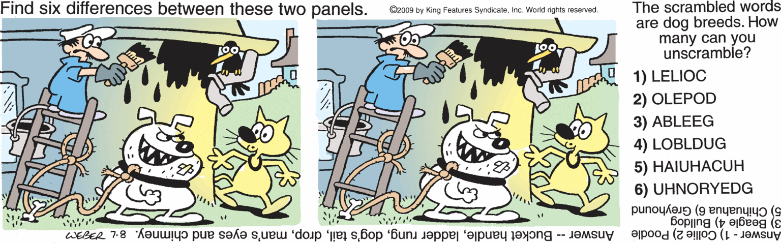 Art OCR: Find six differences between these two panels. The scrambled words- are dog breeds. How many can you unscramble? ©2009 by King Features SyndicateInc. World rights reserved. 1) LELIOC 2) OLEPOD 3) ABLEEG 4) LOBLDUG 5) HAIUHACUH 6) UHNORYEDG 5) Chihuahua 6) Greyhound 3) Beagle 4) Bulldog Answer - Bucket handleman's eyes and chimney. 8-L A Answer 1) Collie 2) Poodle Find six differences between these two panels. The scrambled words- are dog breeds. How many can you unscramble? ©2009 by King Features SyndicateInc. World rights reserved. 1) LELIOC 2) OLEPOD 3) ABLEEG 4) LOBLDUG 5) HAIUHACUH 6) UHNORYEDG 5) Chihuahua 6) Greyhound 3) Beagle 4) Bulldog Answer - Bucket handleladder rungdog's tailman's eyes and chimney. 8-L A Answer 1) Collie 2) Poodle