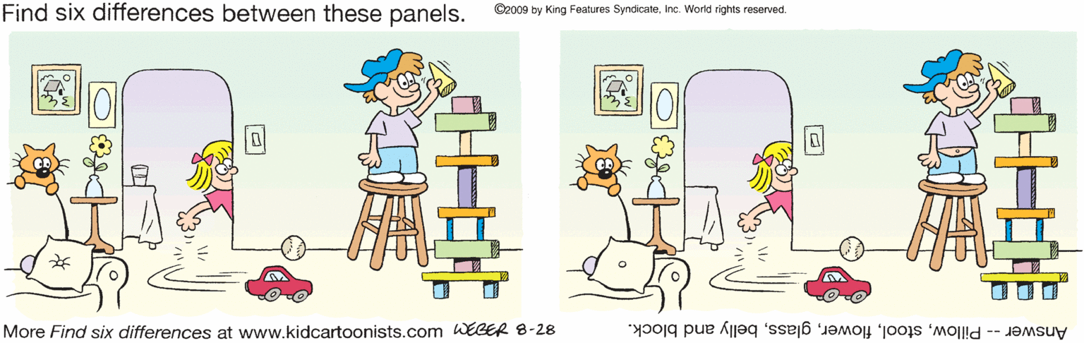 Artwork OCR: Find six differences between these panels. ©2009 by King Features SyndicateInc. World rights reserved. More Find six differences at www.kidcartoonists.com WEGER 8-28 Answer -- Pillowbelly and block. Find six differences between these panels. ©2009 by King Features SyndicateInc. World rights reserved. More Find six differences at www.kidcartoonists.com WEGER 8-28 Answer -- Pillowbelly and block.