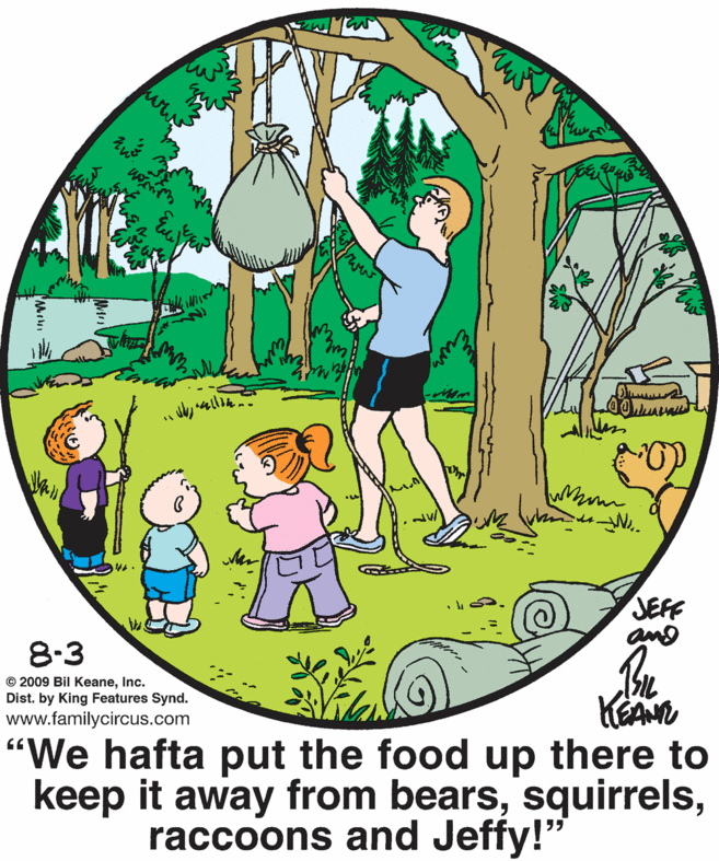 Sharing OCR: JEFF 8:3 © 2009 Bil KeaneInc. Dist. by King Features Synd. www.familycircus.com KEAN "We hafta put the food up there to keep it away from bearsraccoons and Jeffy!' JEFF 8:3 © 2009 Bil KeaneInc. Dist. by King Features Synd. www.familycircus.com KEAN "We hafta put the food up there to keep it away from bearsraccoons and Jeffy!'