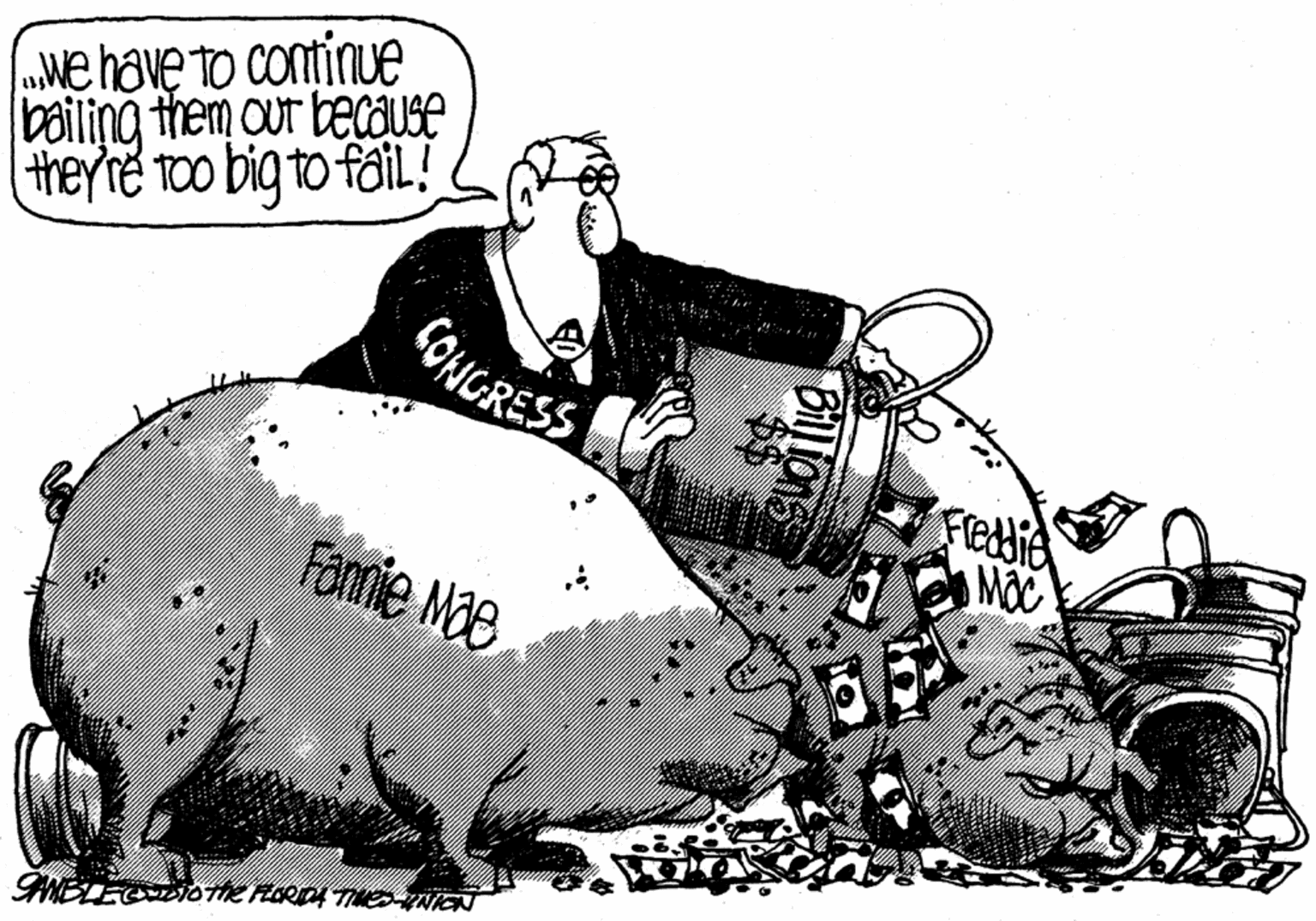 Drawing OCR: wehave to continue bailing them our because they're too big to faiL! CONGRESS Fleddie MOC Fannie Mae wehave to continue bailing them our because they're too big to faiL! CONGRESS Fleddie MOC Fannie Mae