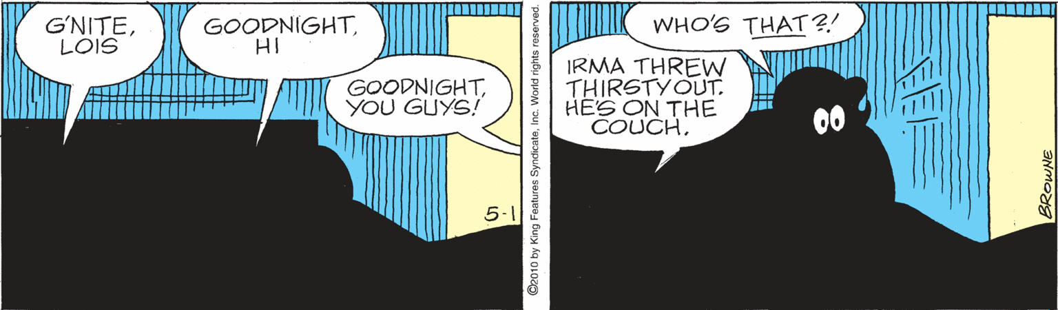 Comic book OCR: GNITELOIS GOODNIGHTHI WHO'S THAT?! GOODNIGHTYOU GUYS! IRMA THREW THIRSTYOUT. HES ON THE COUCH0 5- ©2010 by King Features SyndicateInc. World rights reserved. GNITELOIS GOODNIGHTHI WHO'S THAT?! GOODNIGHTYOU GUYS! IRMA THREW THIRSTYOUT. HES ON THE COUCH0 5- ©2010 by King Features SyndicateInc. World rights reserved.