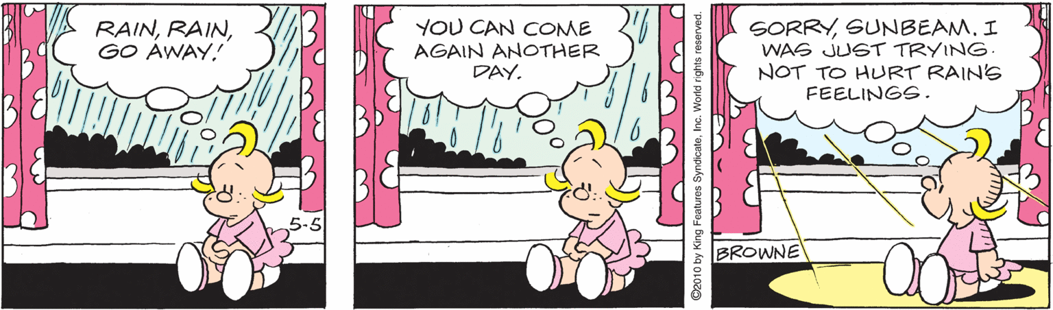 Window OCR: YOU CAN COME RAINGO AWAY. SORRYSUNBEAM. I WAS JUST TRYING. NOT TO HURT RAIN'S FEELINGS. AGAIN ANOTHER DAY. BROWNE 2010 by King Features YOU CAN COME RAINGO AWAY. SORRYSUNBEAM. I WAS JUST TRYING. NOT TO HURT RAIN'S FEELINGS. AGAIN ANOTHER DAY. BROWNE 2010 by King Features