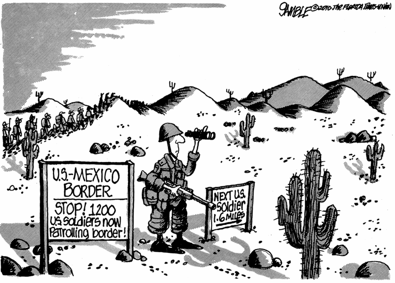 Line art OCR: U3-MEXICO BORDER STOP! 1200 US Saldiers now Patrolling border! NEXT US Soldier 1.6MIES U3-MEXICO BORDER STOP! 1200 US Saldiers now Patrolling border! NEXT US Soldier 1.6MIES