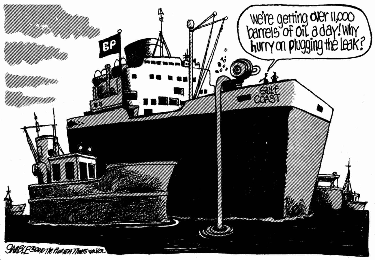 Drawing OCR: we're getting over l10 barrels of oil aday! Why hurryon plugging the leak? ?? GULF COAST we're getting over l10 barrels of oil aday! Why hurryon plugging the leak? ?? GULF COAST