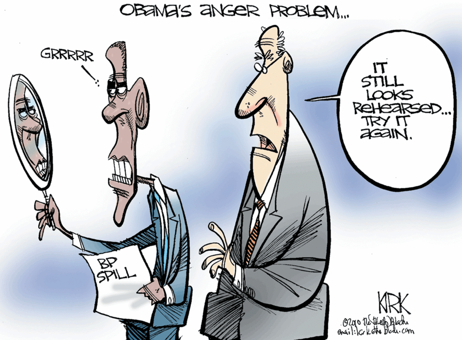 Fictional character OCR: OBEME'S ANGER PROBLEM. GRRRRR IT STILL LOOKS ReHeaRseD... TRY IT BP SPILL KRK OBEME'S ANGER PROBLEM. GRRRRR IT STILL LOOKS ReHeaRseD... TRY IT BP SPILL KRK
