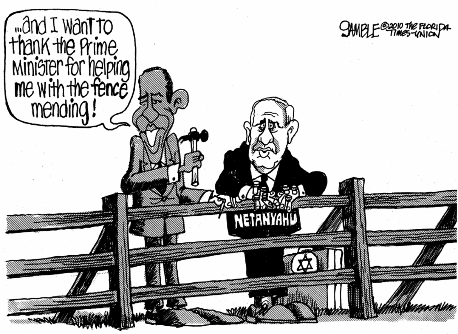 Line OCR: „ând I want to thank the Prime Minister for helping me with the fence mending! MBLE0 The FEORIDA TIMES-UNICN NETANYAHU „ând I want to thank the Prime Minister for helping me with the fence mending! MBLE0 The FEORIDA TIMES-UNICN NETANYAHU
