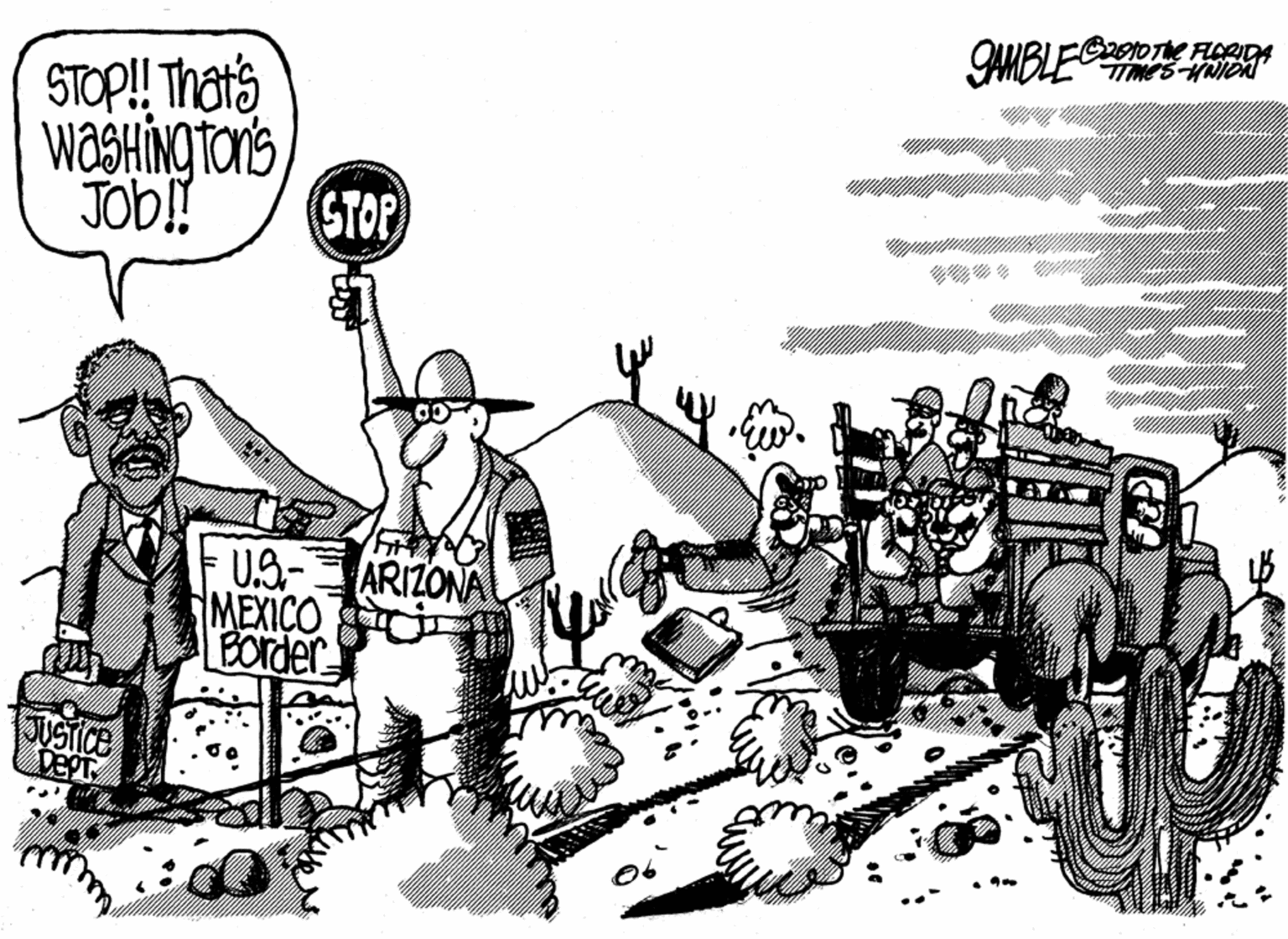 Drawing OCR: STOP! That's waHINgTONs JOD! STOP U.S.- ARIZONA MEXICO Border JUSTICE DepT STOP! That's waHINgTONs JOD! STOP U.S.- ARIZONA MEXICO Border JUSTICE DepT