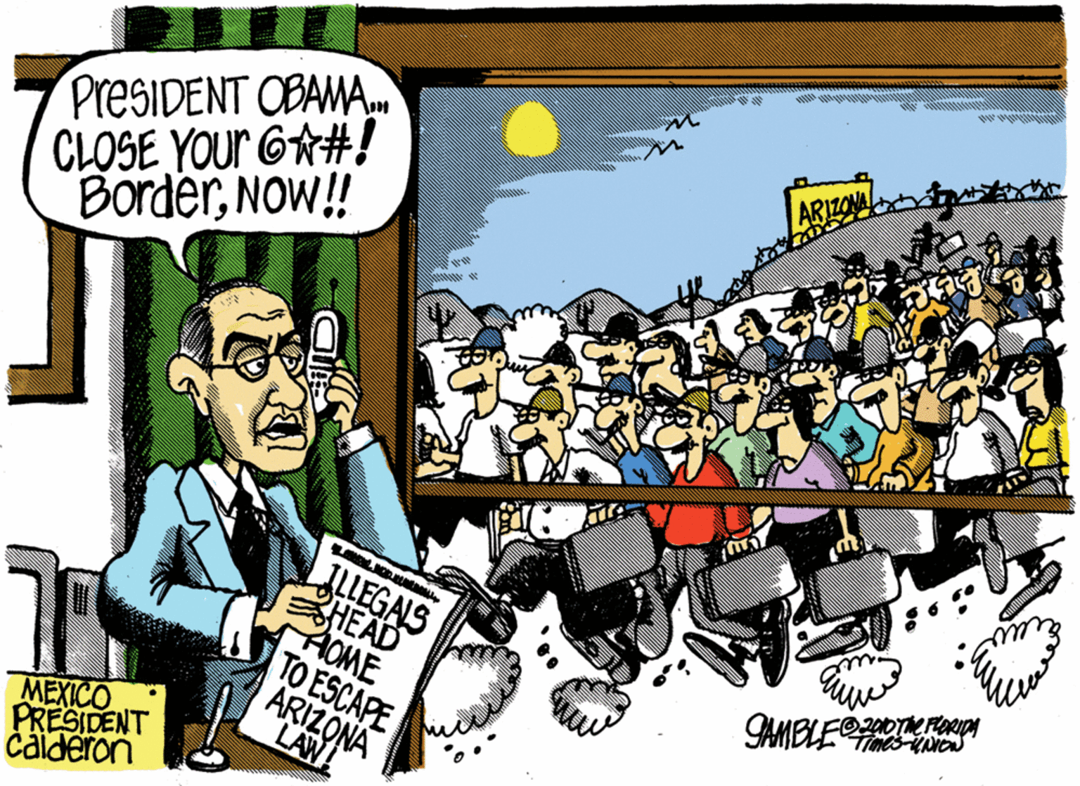 Comic book OCR: PresIDENT OBAMACLOSE YOUR GA#! BorderNOW!! AR1ZON LEGAS HEAD HOME TO ESCAPE ARIZONA LAW! GAMBLE N MEXICO PRESIDENT cäideron PresIDENT OBAMACLOSE YOUR GA#! BorderNOW!! AR1ZON LEGAS HEAD HOME TO ESCAPE ARIZONA LAW! GAMBLE N MEXICO PRESIDENT cäideron