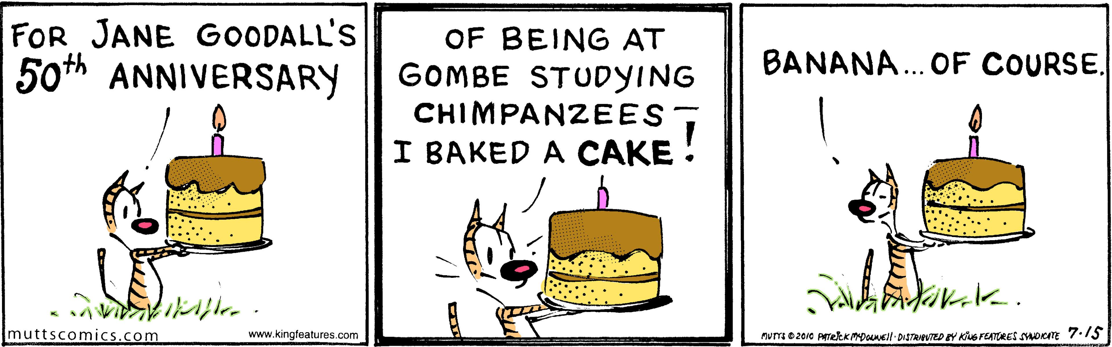 Cake decorating supply OCR: FOR JANE GOODALL'S 50th ANNIVERSARY OF BEING AT GOMBE STUDYING CHIMPANZEES BANANA... OF COURSE. I BAKED A CAKE ! ... .. muttscomics.com www.kingfeatures.com nuT e 2010 PrekKMDouneil DISTRUTED EY KG FEATRES OCITE 7.15 FOR JANE GOODALL'S 50th ANNIVERSARY OF BEING AT GOMBE STUDYING CHIMPANZEES BANANA... OF COURSE. I BAKED A CAKE ! ... .. muttscomics.com www.kingfeatures.com nuT e 2010 PrekKMDouneil DISTRUTED EY KG FEATRES OCITE 7.15