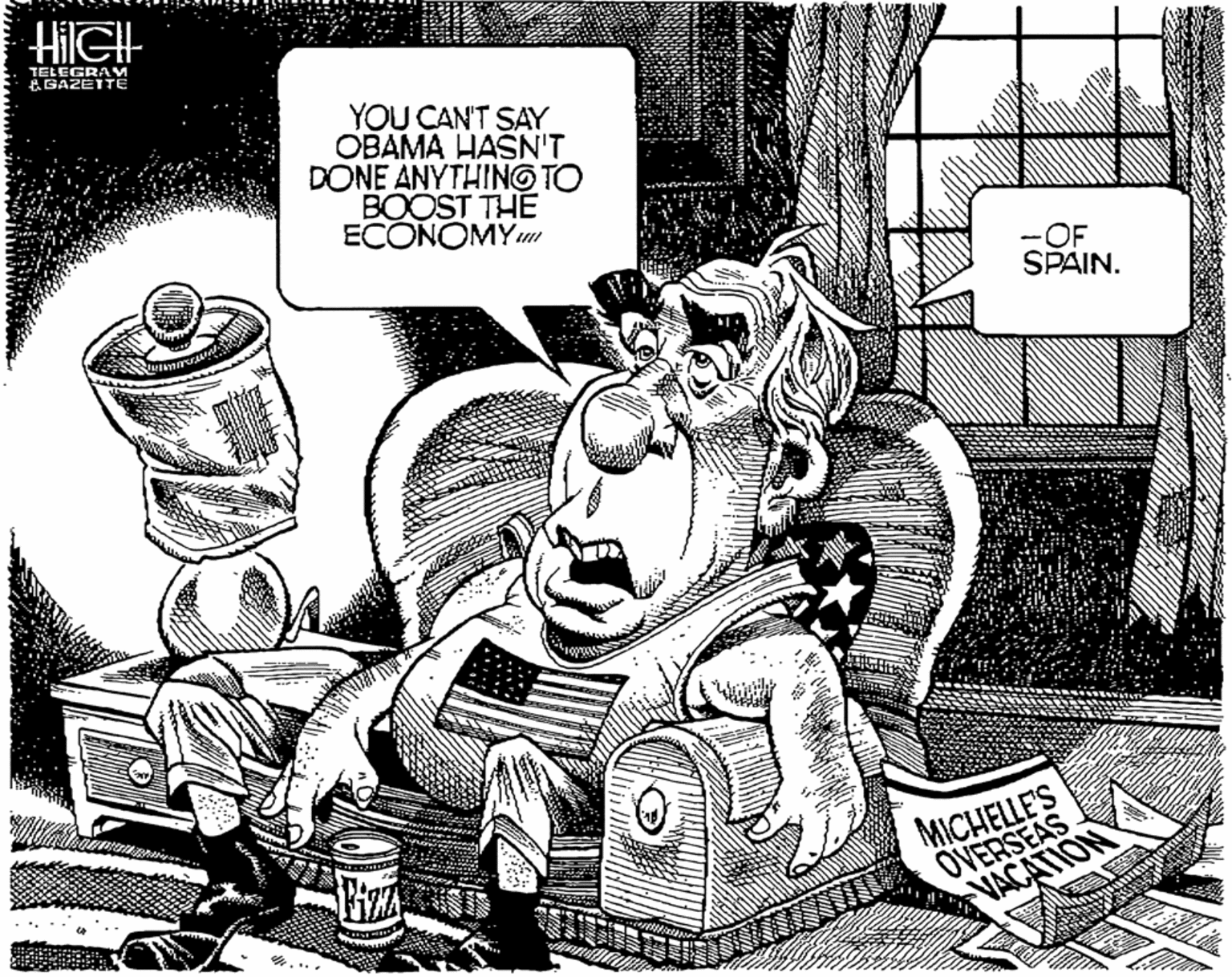 Humour OCR: HiIGH TELEGRAM &GAZEITE YOU CAN'T SAY OBAMA HASN'T DONE ANYTHINGO TO BOOST THE ECOÑOMY -OF SPAIN. MICHELLE'S OVERSEAS VACATION 4.... HiIGH TELEGRAM &GAZEITE YOU CAN'T SAY OBAMA HASN'T DONE ANYTHINGO TO BOOST THE ECOÑOMY -OF SPAIN. MICHELLE'S OVERSEAS VACATION 4....