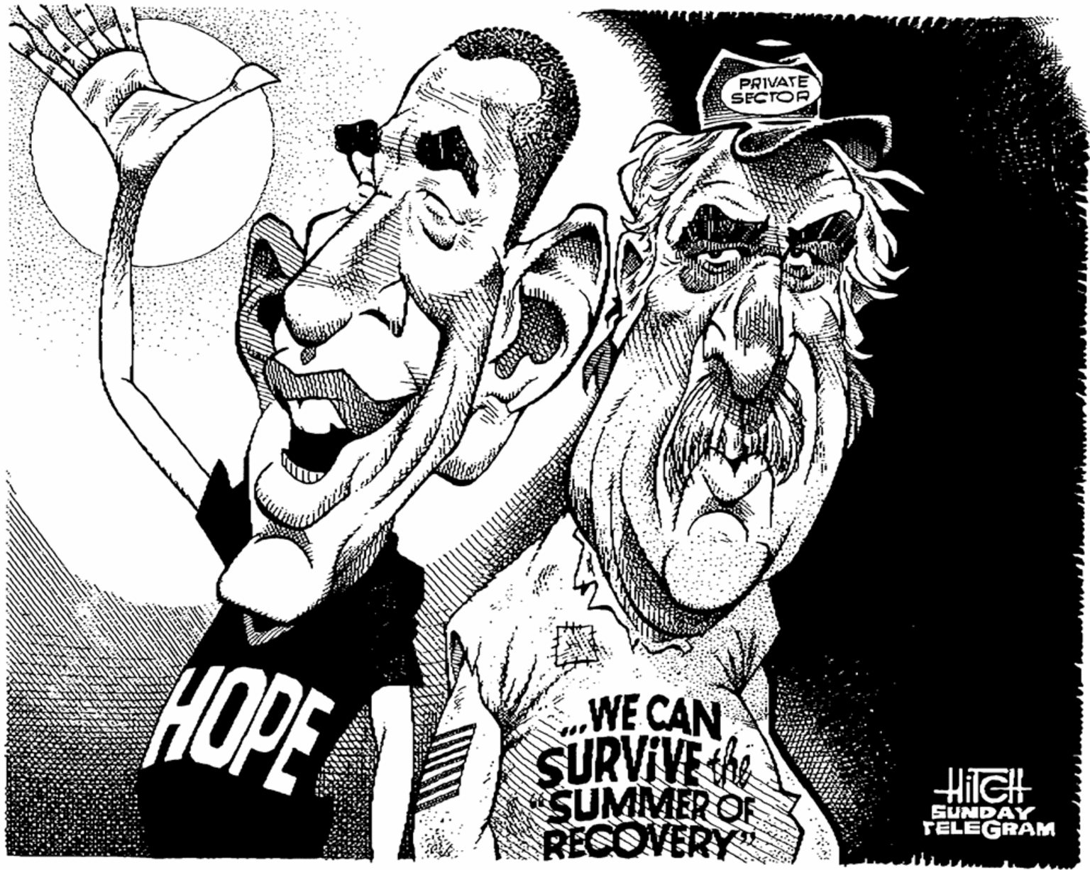 Line art OCR: PRIVATE SECTOR HOPE WE CAN SURVIVE SUMMER OF RECOVERY" HilCH SUNDAY TELEGRAM PRIVATE SECTOR HOPE WE CAN SURVIVE SUMMER OF RECOVERY" HilCH SUNDAY TELEGRAM
