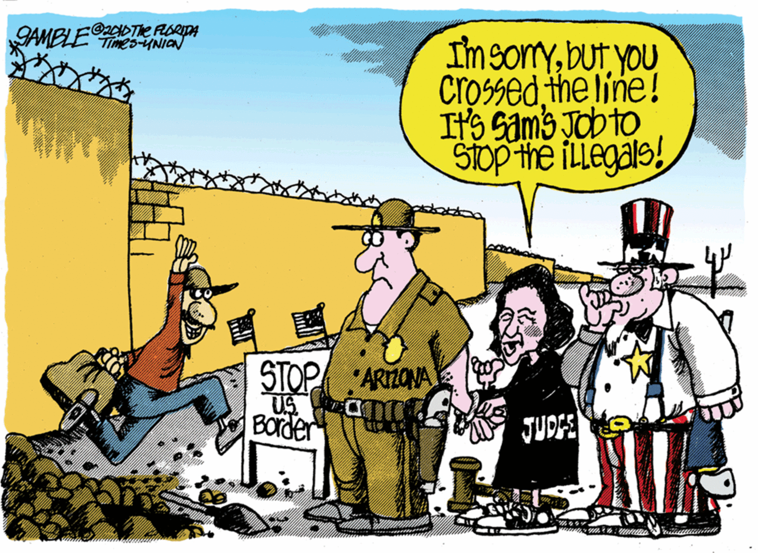 Rectangle OCR: GAMELE Imsorybut you Crossed the line! ItS Sams Jobto Sop the iLlegals! Times-UNION STOP ARIZONA US Barder JUDE GAMELE Imsorybut you Crossed the line! ItS Sams Jobto Sop the iLlegals! Times-UNION STOP ARIZONA US Barder JUDE