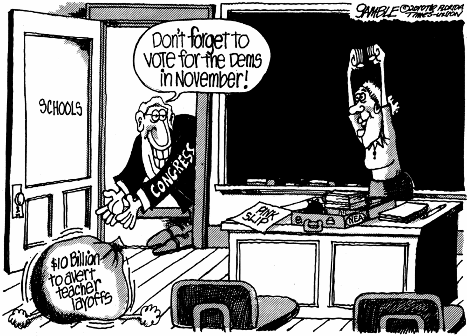 Illustration OCR: Donit forget to VOTE for the Dems in November! 9CHOOLS $10 Billion to avert teacher layoffs WEA $538ONO) Donit forget to VOTE for the Dems in November! 9CHOOLS $10 Billion to avert teacher layoffs WEA $538ONO)